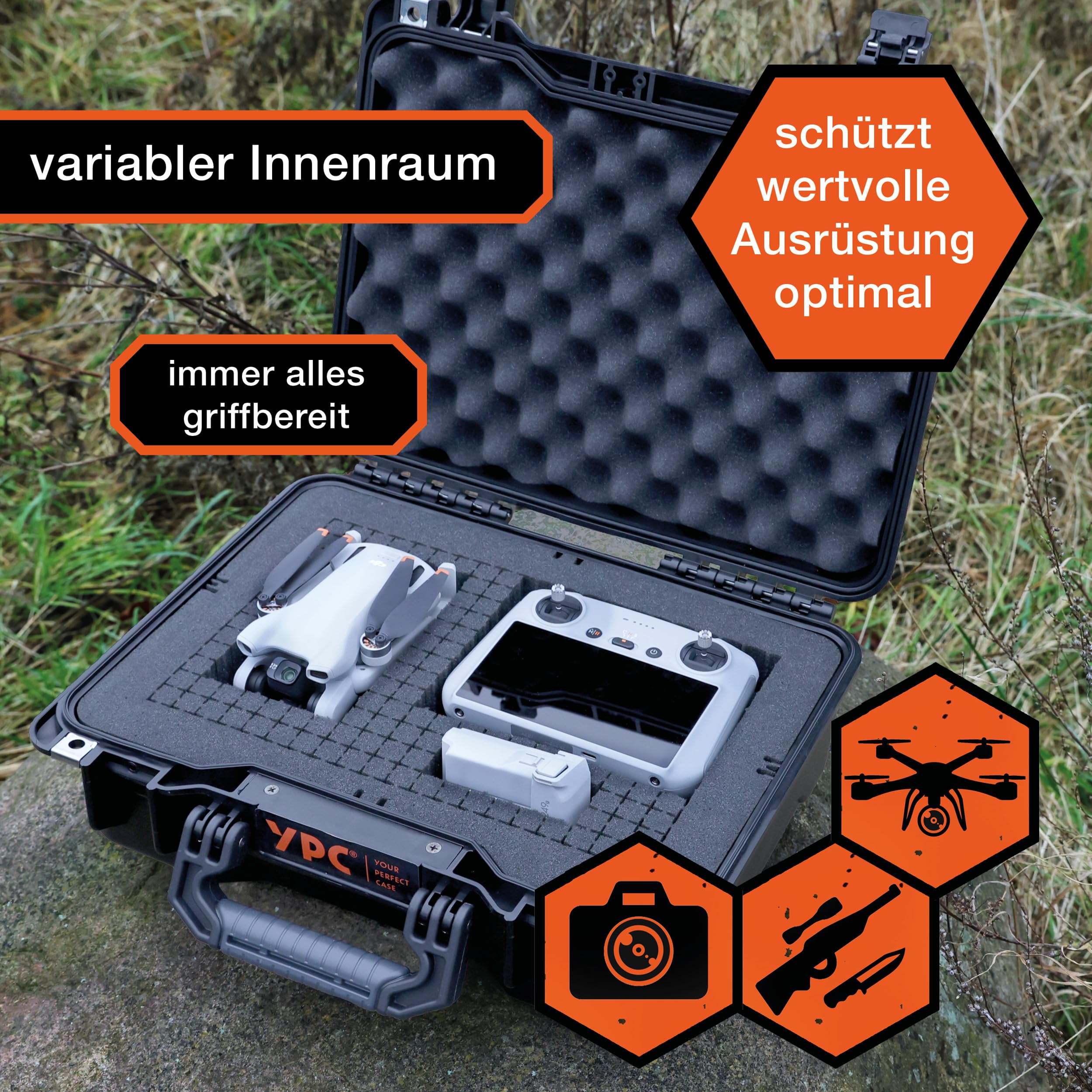 YPC Xplorer Case M – 40 cm x 33 cm x 16,5 cm Outdoor Case, walizka na fotoksiążkę z pianki, wodoszczelna, twarda obudowa, walizka transportowa na drona, możliwość układania w stos