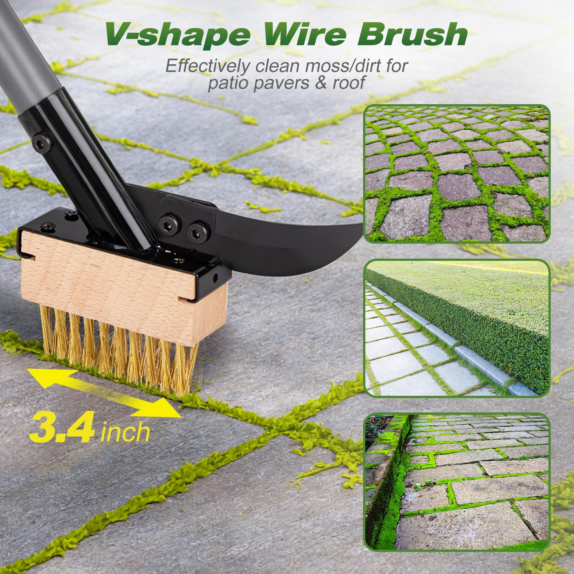Walensee Brosse 3 en 1 pour désherbeur et mousse avec poignée réglable de 167,5 cm, brosse métallique avec 2 têtes remplaçables et grattoir pour terrasse, patio, allée, suceur plat