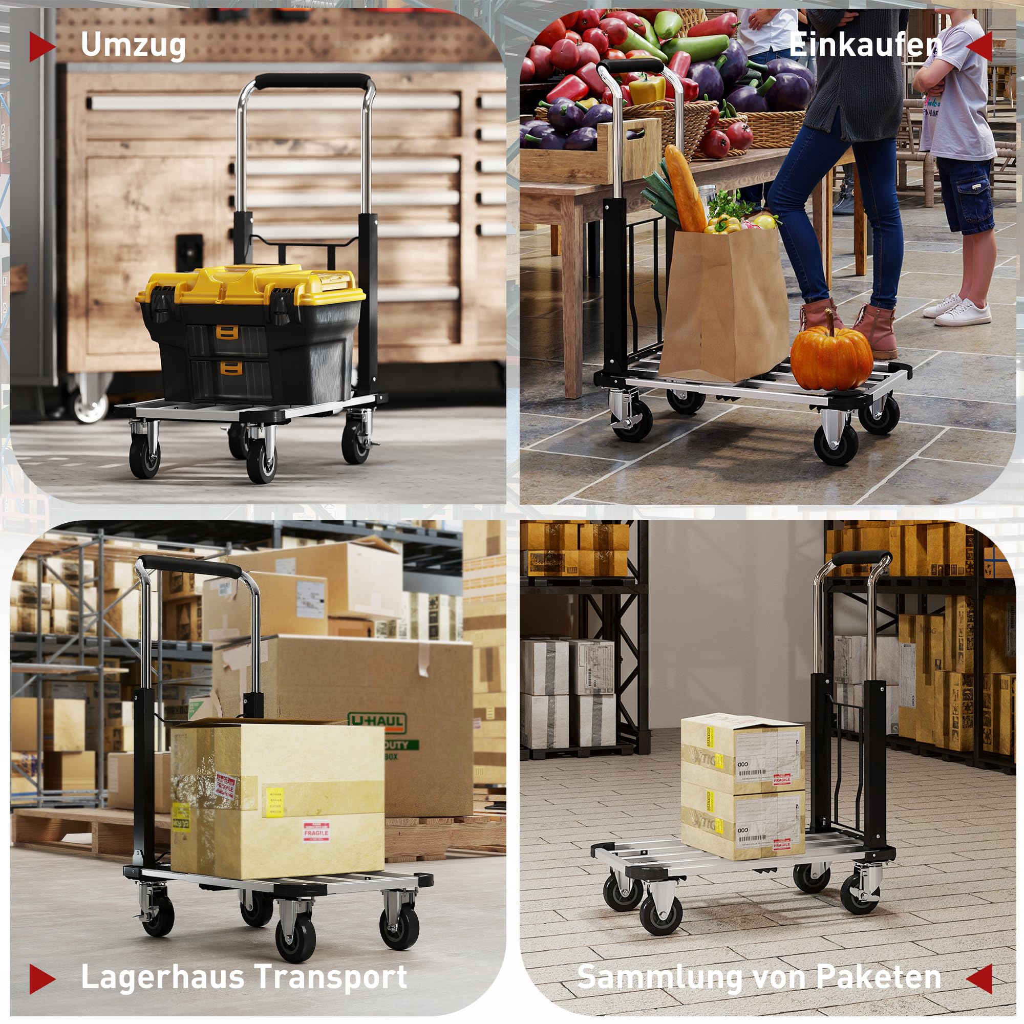 HOMCOM Wózek platformowy, składany, 150 kg, z hamulcem postojowym, kółka skrętne, kolor srebrny | Wózek transportowy, wózek ręczny, wysuwana platforma, regulowany uchwyt, pomoc transportowa, wózek paczkowy