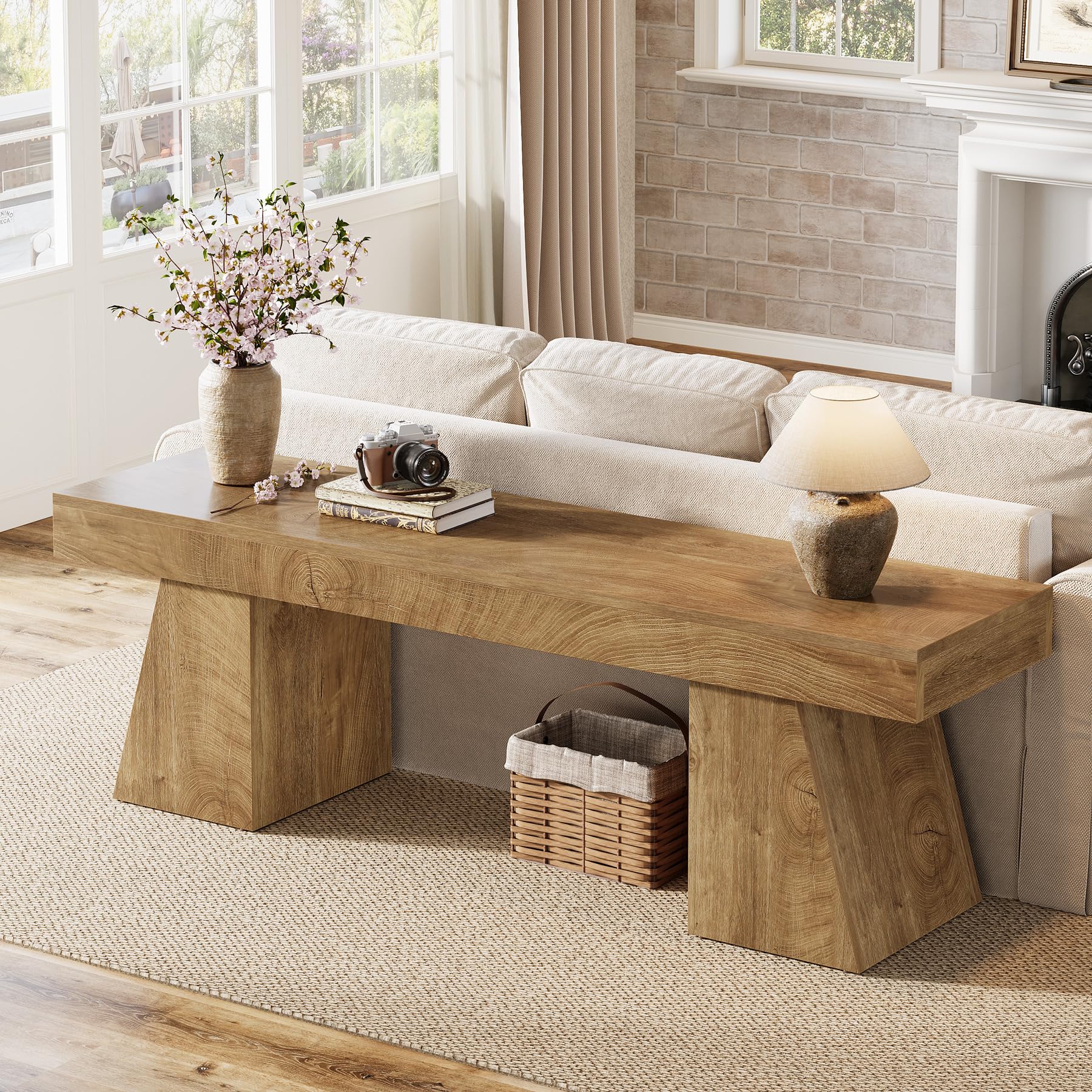 Tribesigns Meuble TV de 63" pour téléviseurs de 55/60/65/75", centre de divertissement de ferme avec double piédestal géométrique, console multimédia pour salon, chambre à coucher, naturel