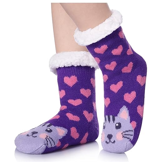 TRUEHAN Kids Girls Boys Slipper Socks Soft Thick Cozy Fuzzy Animal Anti-Slip Winter Thermal Christmas Socks Indoor (Animal Cat 03, 8-12 Years)