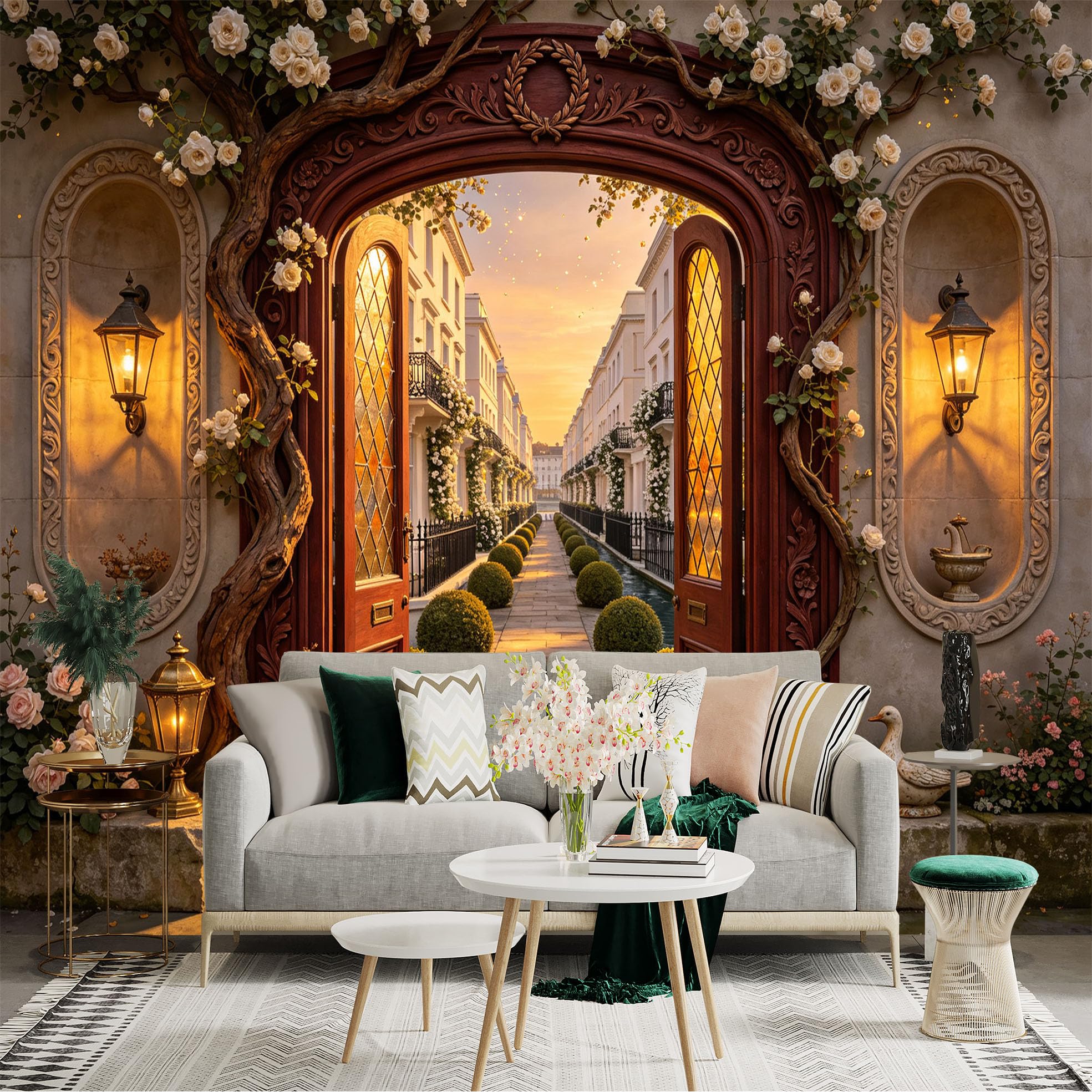 Custom Size Wall Sticker Mural， Vintage Garden Archway with Roses and Lanterns， for wall Decoration， peelandstick wall Decals.