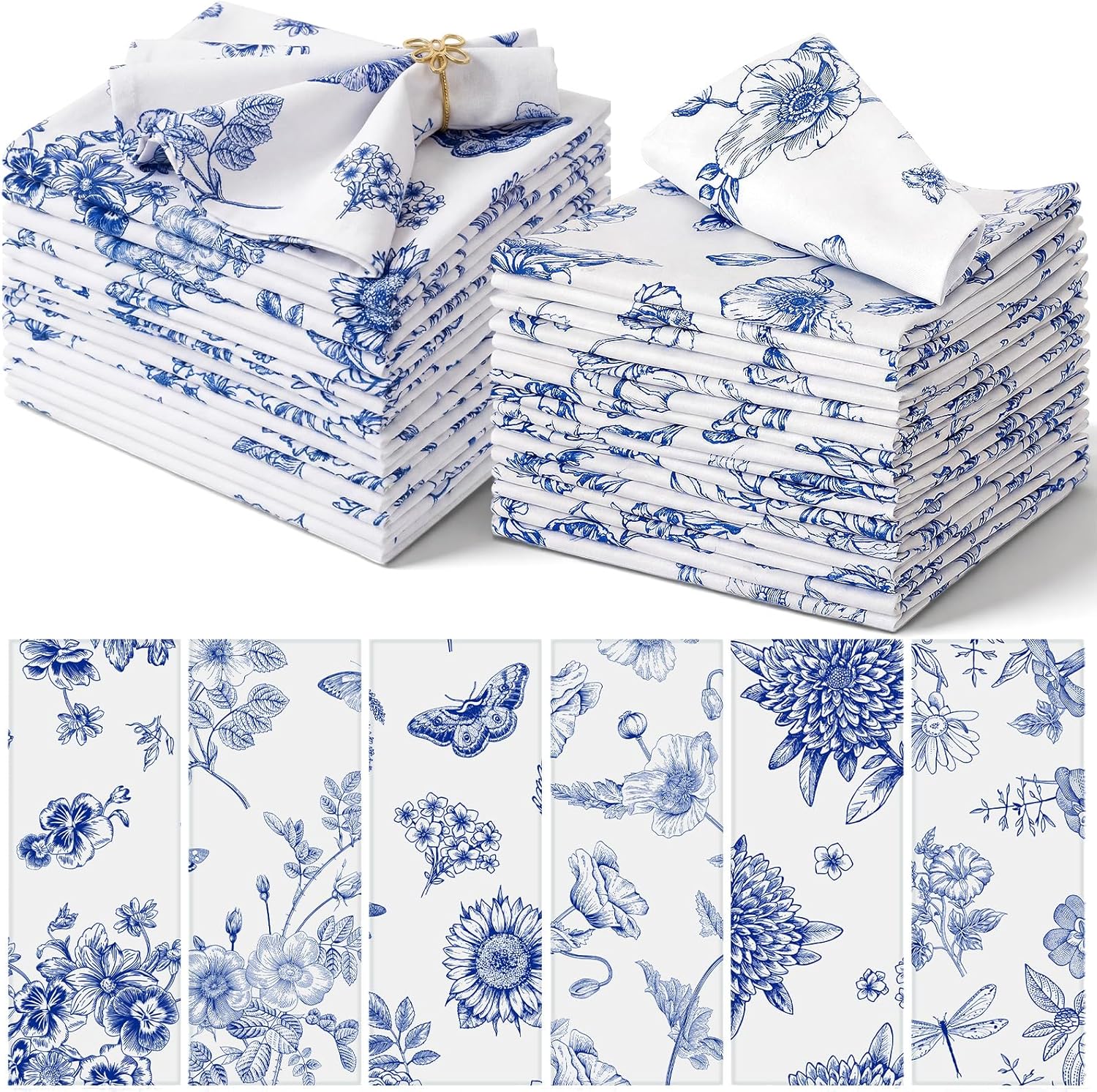 Nuogo 36 Sets Chinoiserie Blue and White Cloth Napkins 15" x 15" Oriental Blue and White Dinner Napkins Reusable Cloth Hand Towels for Guest Chinese Style Wedding Dinner Table Decor