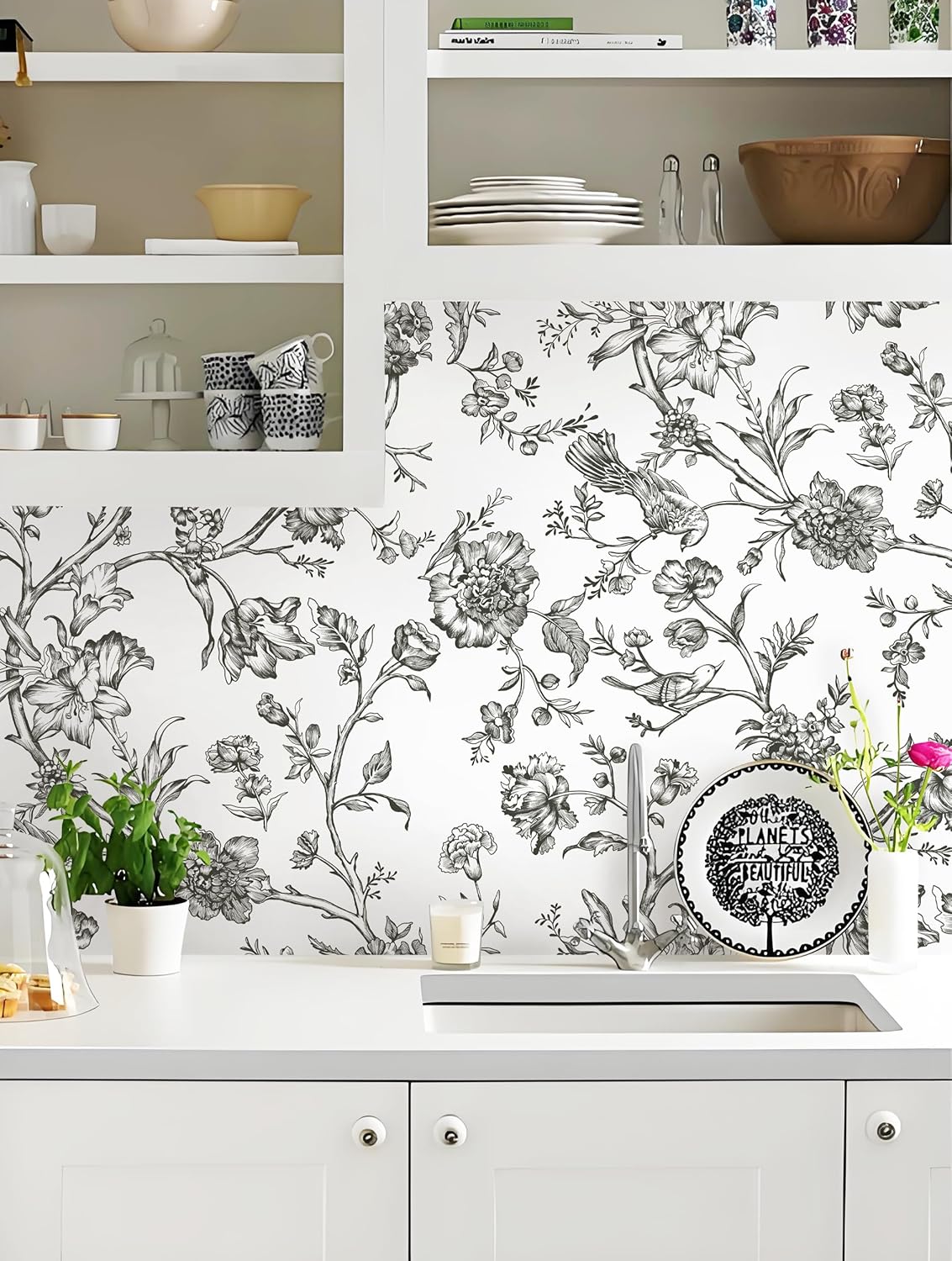 Safiyya 118"x17.3" Peel and Stick Wallpaper: Floral Birds Contact Paper — Black and White Wall Paper, Self-Adhesive Removable Wallpaper, Modern for Walls Covering Vinyl Rolls (17.3" x 118", Black/White)