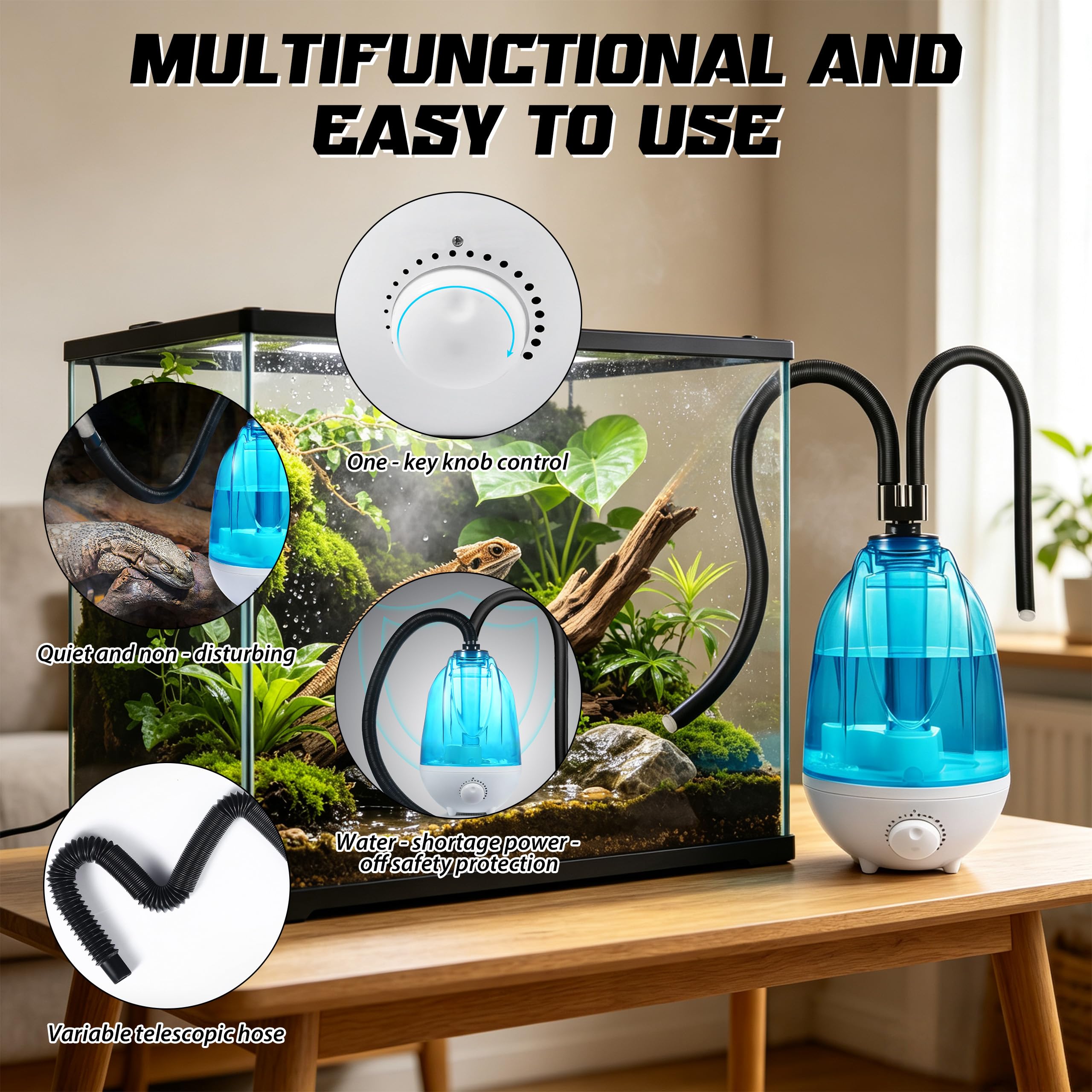 Reptile Terrarien-Luftbefeuchter 4L, 300 ml/h Nebelgerät mit 7-farbiger Nachtbeleuchtung, verstellbarem Schlauch & leiser Fogger-Vaporizer-Funktion für Reptilien