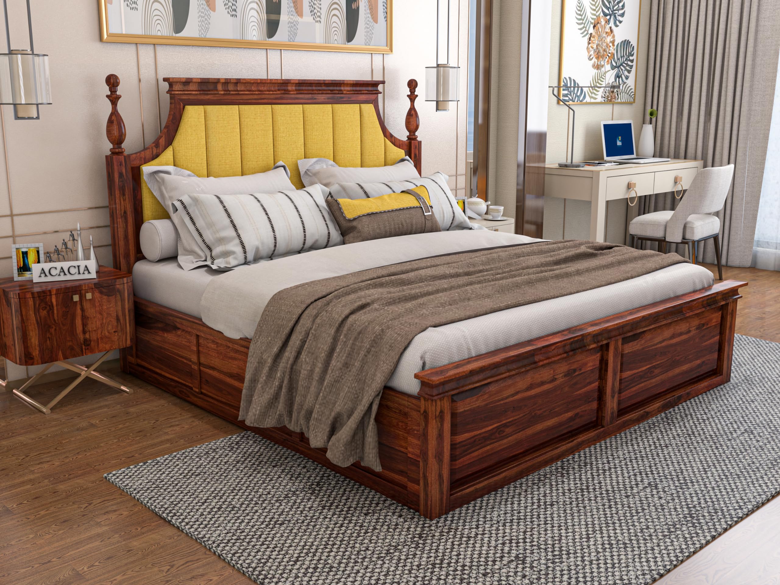 SABTA Craft Wooden King Size Bed with Storage | Double Bed Cot Bed with Box Storage & Yellow Colour Upholstered Cushioned Headboard for Bedroom | Solid Wood Sheesham, Honey Finish