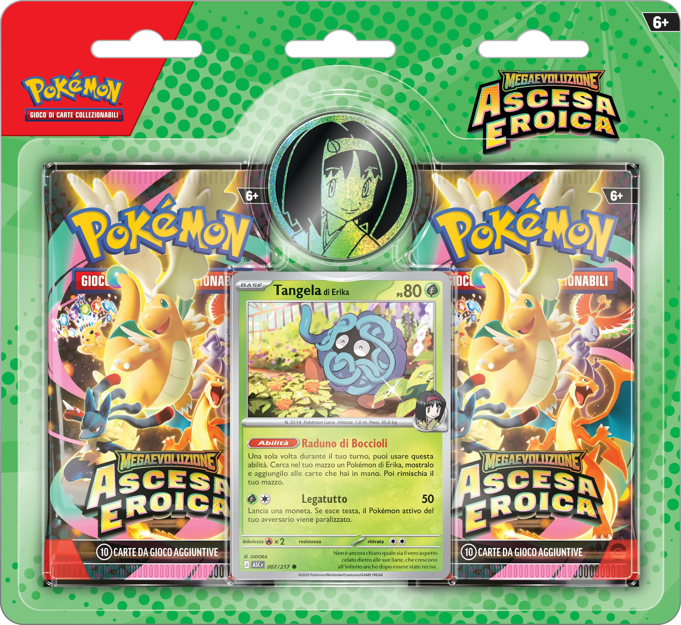 Pokémon: collezione Erika dell’espansione Megaevoluzione - Ascesa Eroica del GCC Pokémon (una carta promozionale olografica, una moneta e due buste di espansione), Edizione in Italiano