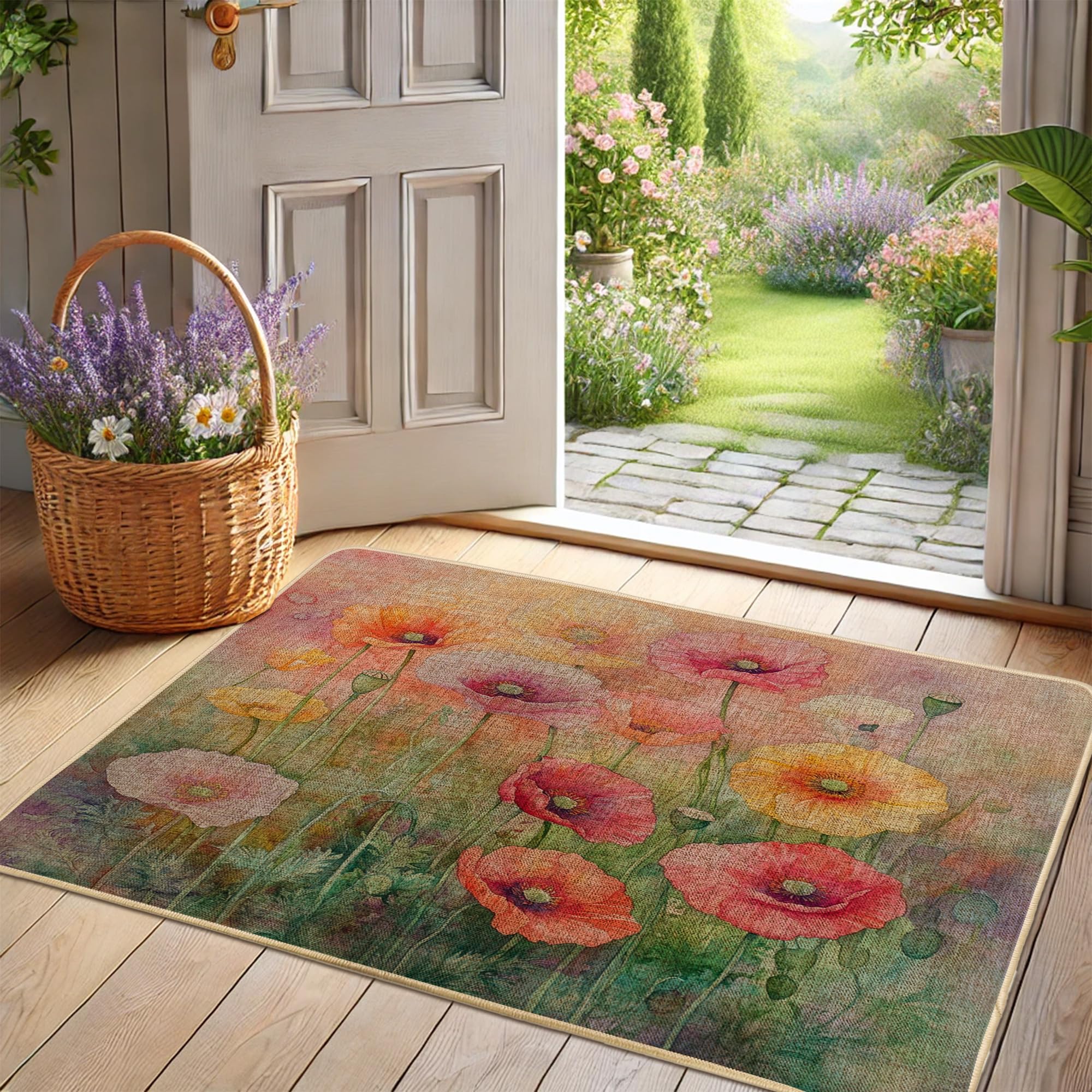 Paillasson floral printanier coloré en caoutchouc imperméable pour entrée 73x43 cm