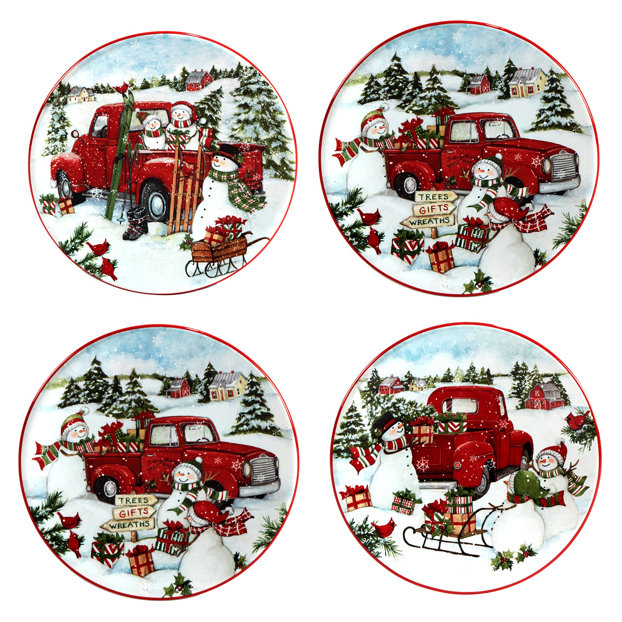 Certified International Multicolor Red Truck Snowman 6" Canape/Luncheon Plates, Set Of 4