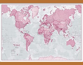 World Pink Wall Map Laminated with Wooden Hanging Bars 18 x 24 in