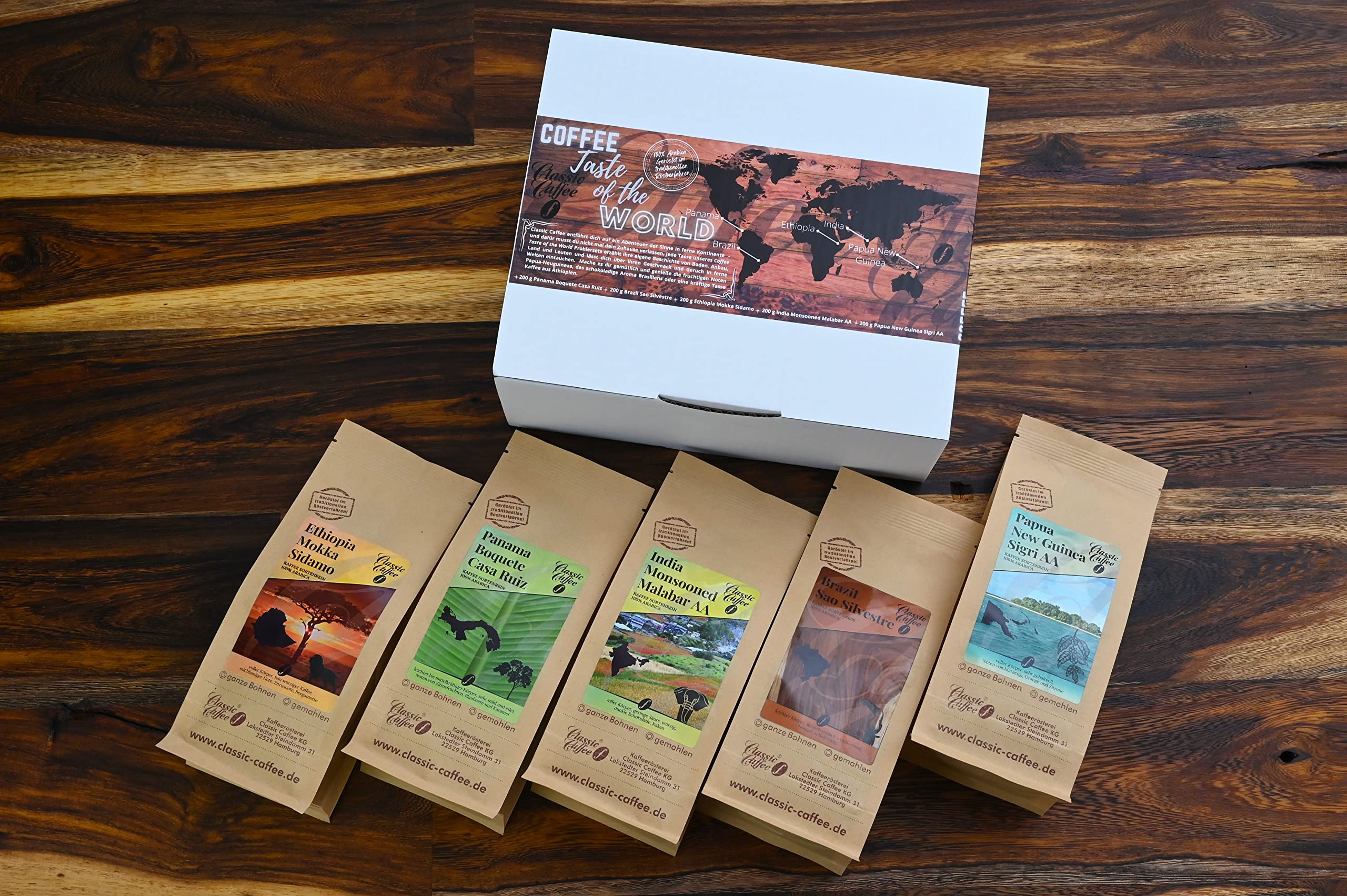 Classic Caffee - Premium Kaffee Weltreise Probierset 5x200g Kaffee-Geschenkset aus aller Welt - Kaffee Weihnachtsgeschenk - 100% Arabica (Gemahlen)