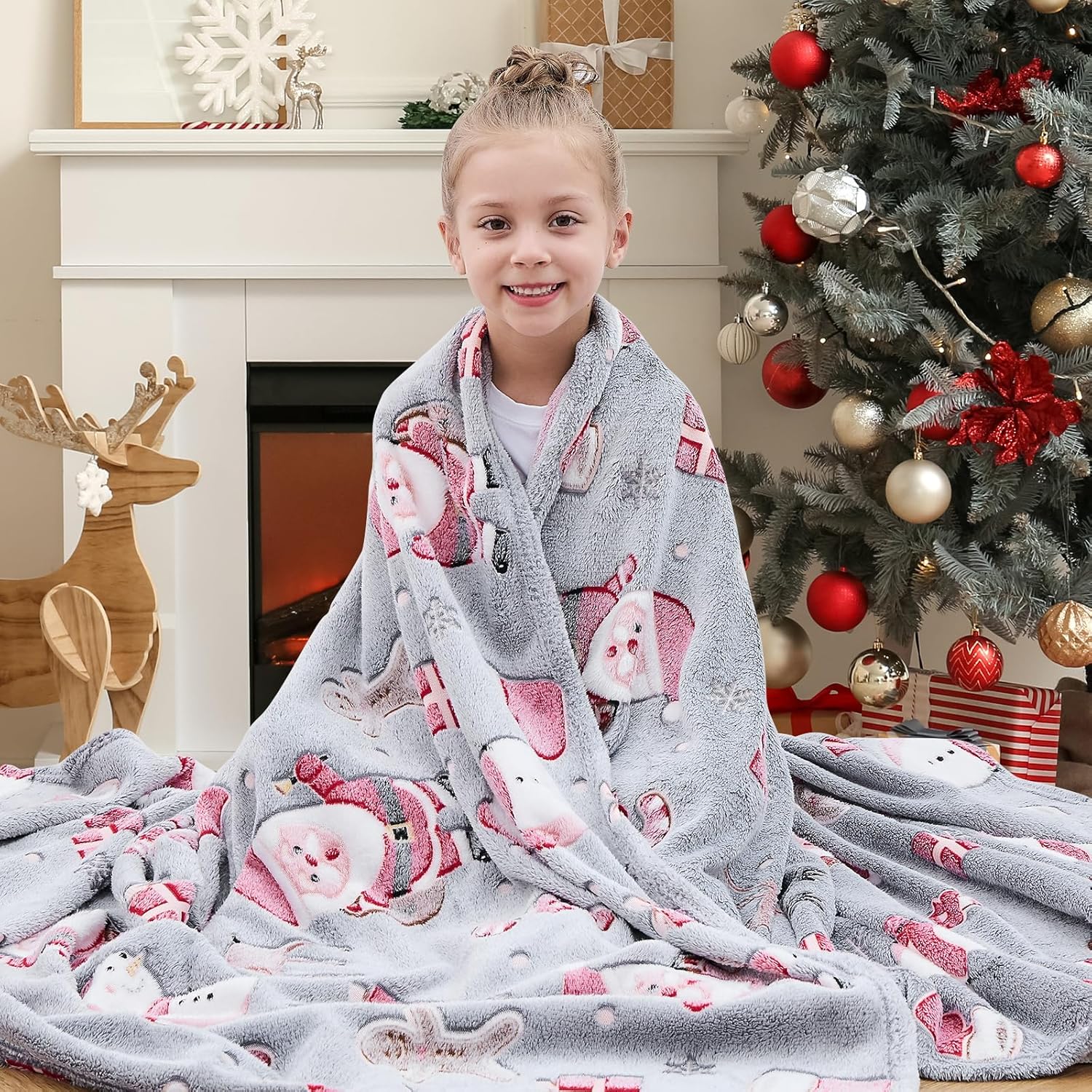 inhand Christmas Blanket,Glow in The Dark Blanket for Kids/Girls/Boys/Toddler Soft Flannel Red Santa Claus Gingerbread Candy Canes Christmas Throw Blankets for Age 3 4 5 6 7 8 9 10 11 12 13 Year Old - Image 5