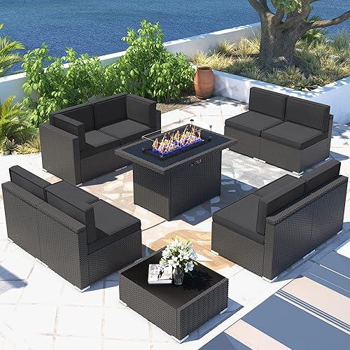 10 Pieces Patio Furniture Set with 44" Propane Gas Fire Pit Table, Outdoor Sectional Wicker Conversation Sofa Sets with Coffee Table