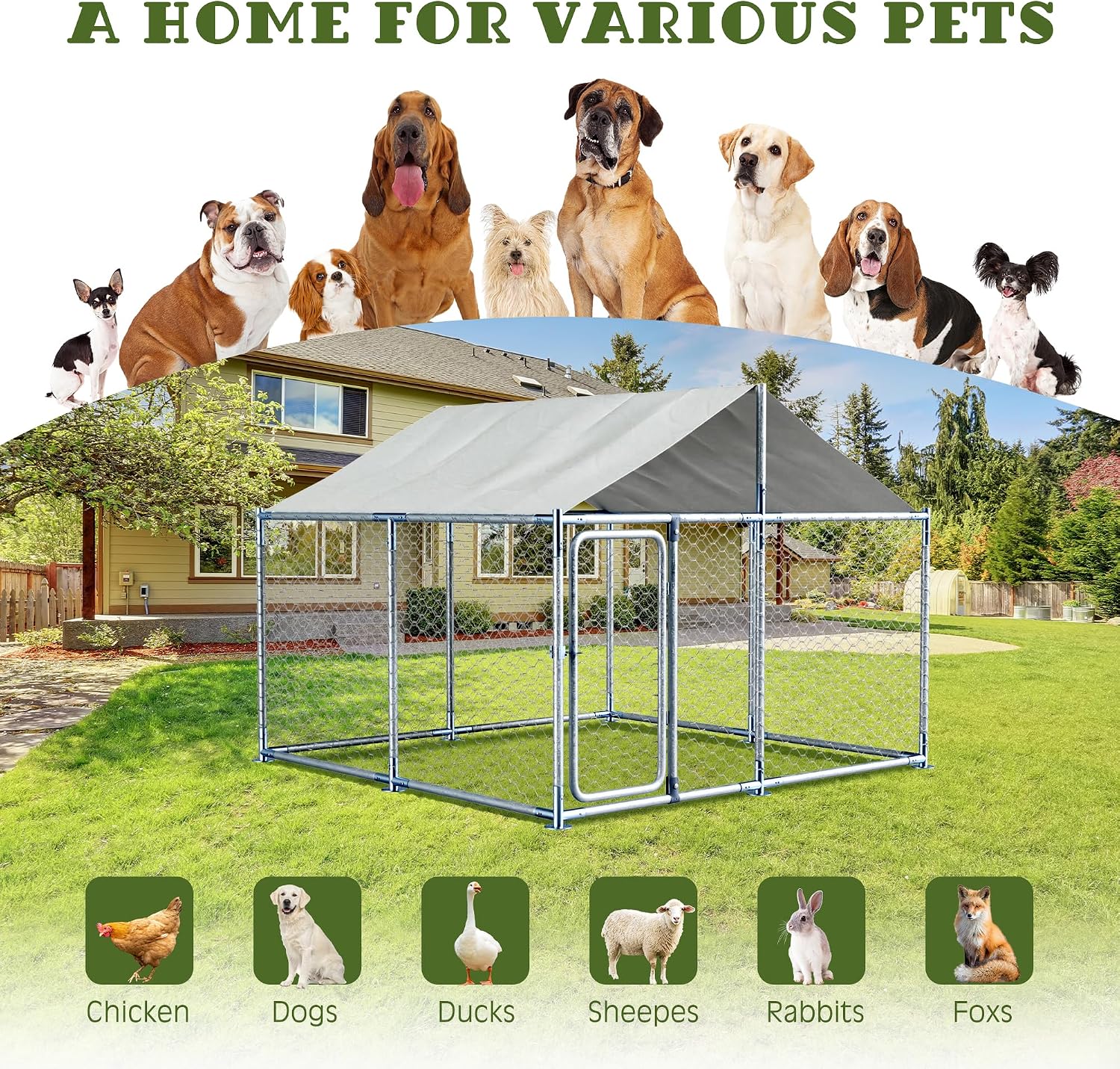 LEISU Dog Kennels Outside Large Outdoor Dog Kennels with Water-Resistant Cover Dog Cage Heavy Duty Dogs House for Back Yard Farm (7.5x7.5x5.25 FT)