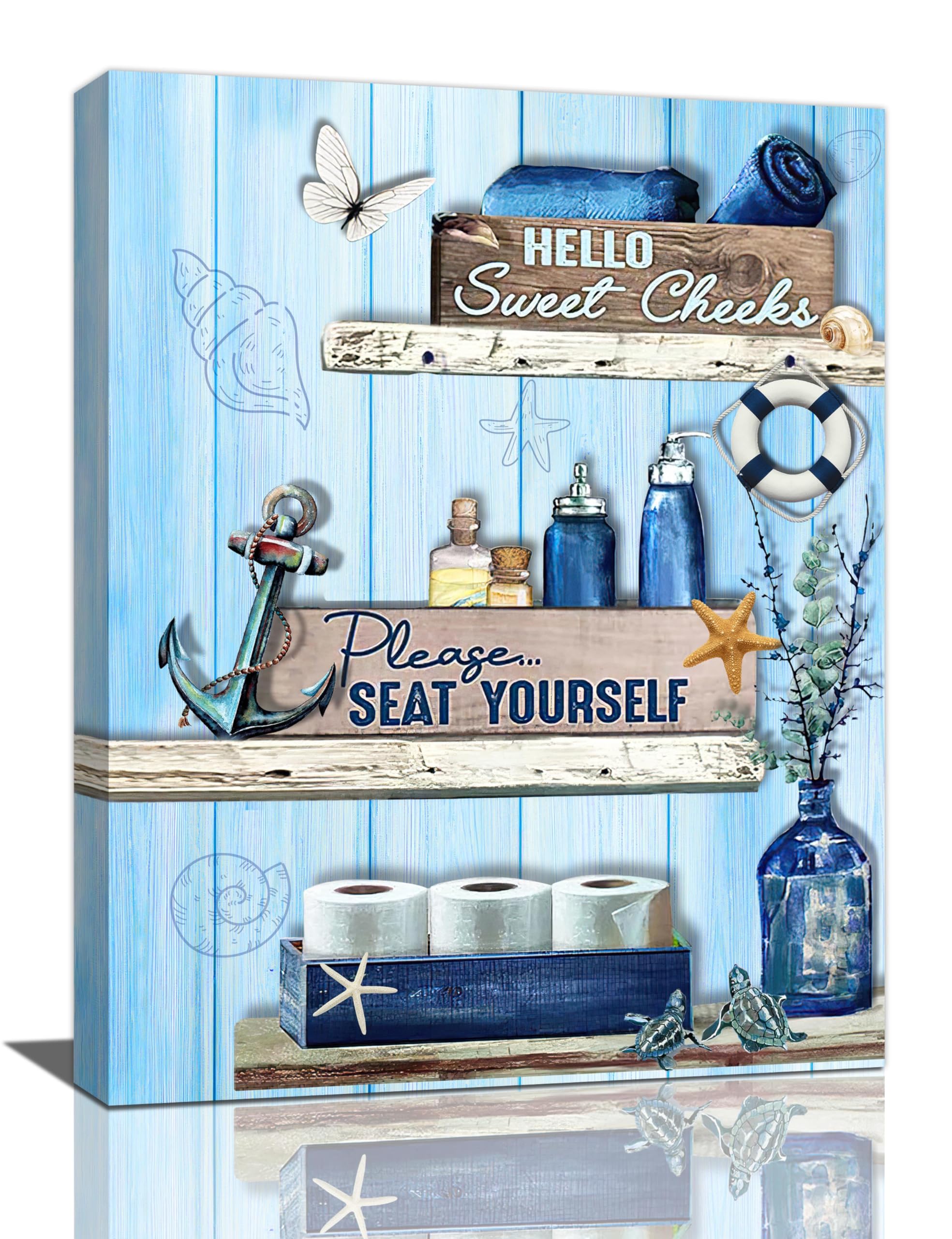 Citari Navy Blue Bathroom Decor Wall Art Bathroom Rules Pictures Wall Decor Beach Nautical Anchor Sea Turtle Painting Print Please Seat Yourself Signs Decor Artworks Framed For Bath 12"X16"