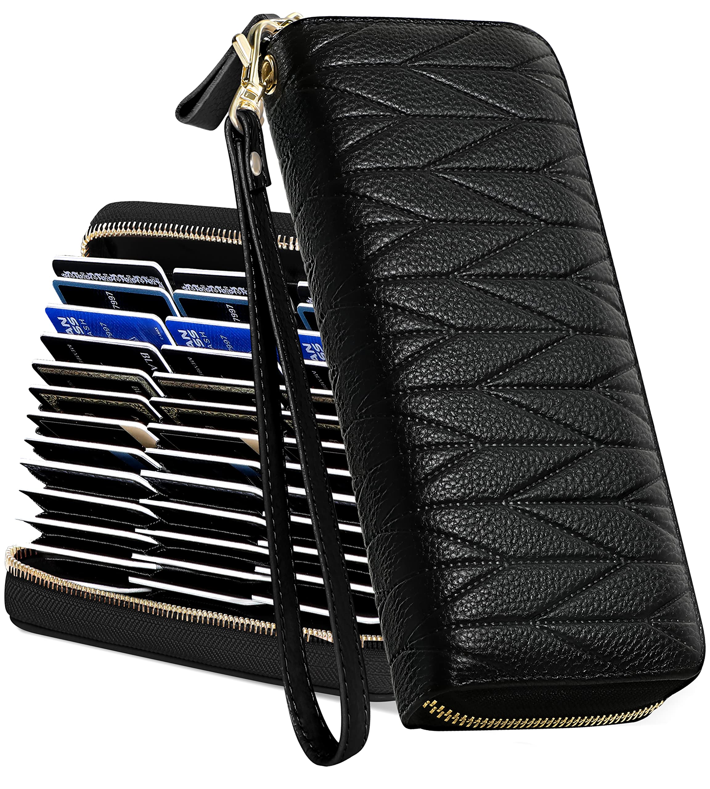 Bistup Credit Card Holders Wallets Women Womens Ladies Long Genuine Leather Rfid Black Large Cash Zipper Clutch Wallet Woman Females Zip Around Cow Hide Accordion Accordian Organizer With Strap