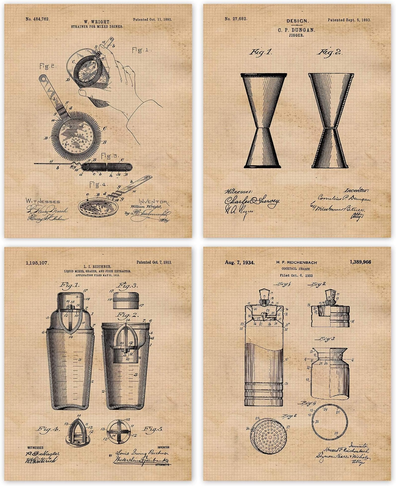 Vintage Bartender Cocktail Patent Prints, 4 (8x10) Unframed Photos, Wall Art Decor Gift for Home Office Work Garage Drink Lounge Bar Diner Hotel Mixology Student Teacher Coach Whiskey Bourbon Fan