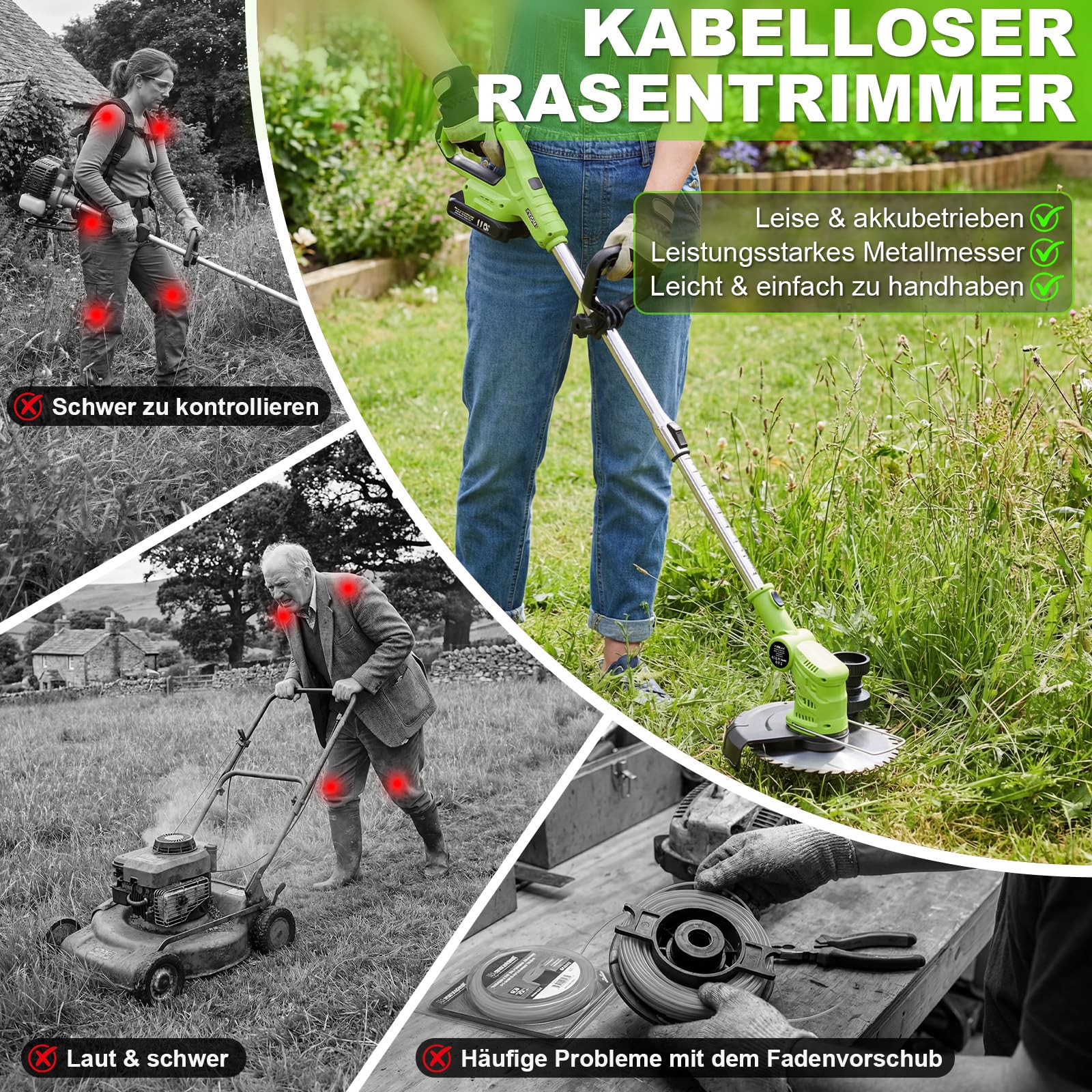 VOERJIA Débroussailleuse Électrique sans Fil 850W avec Écran LCD, Coupe Bordure sans Fil avec 2 Batteries 21V et Roue, Rotofil Puissant 4-en-1 pour Jardin, Désherbage et Allée (Modèle Pro)