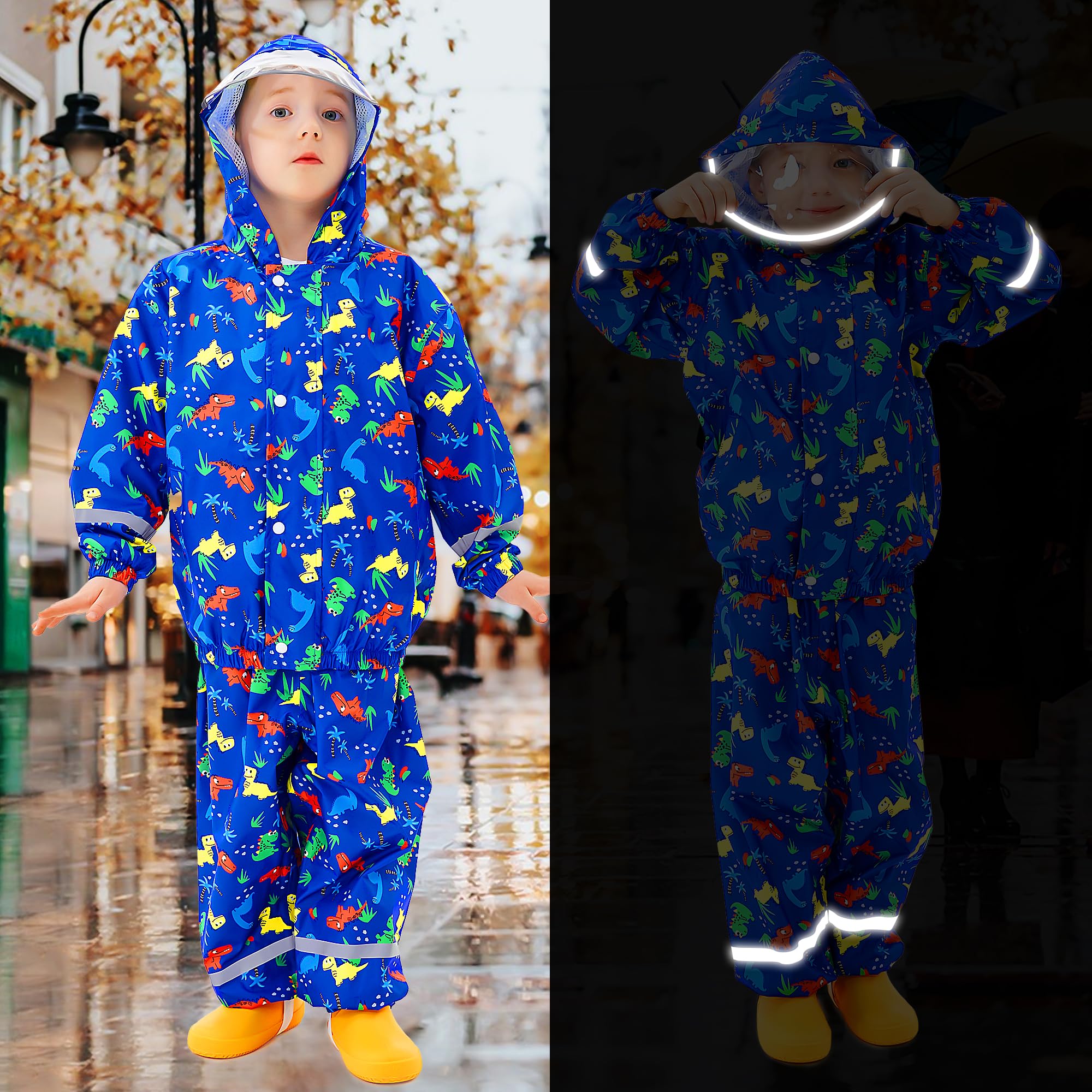 Chubasquero Niño Niña Impermeable con Capucha y Reflectante Ligero Chaqueta Lluvia & Pantalones Traje Estampado Impermeable Traje de Lluvia Reutilizable Abrigos para Infantiles 1-7 años