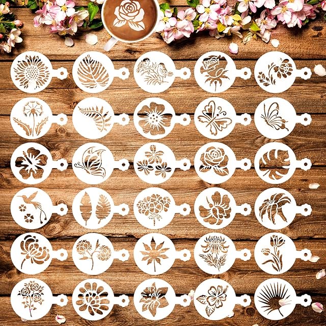 MWOOT 30Pcs Flowers Coffee Stencils Cake Painting Template Kit, Reusable Latte Art Baking Decorating Stencil, DIY Stencil Cookie Barista Tools for Hot Chocolate Cupcake Cappuccino Decoration(9.7x7CM)