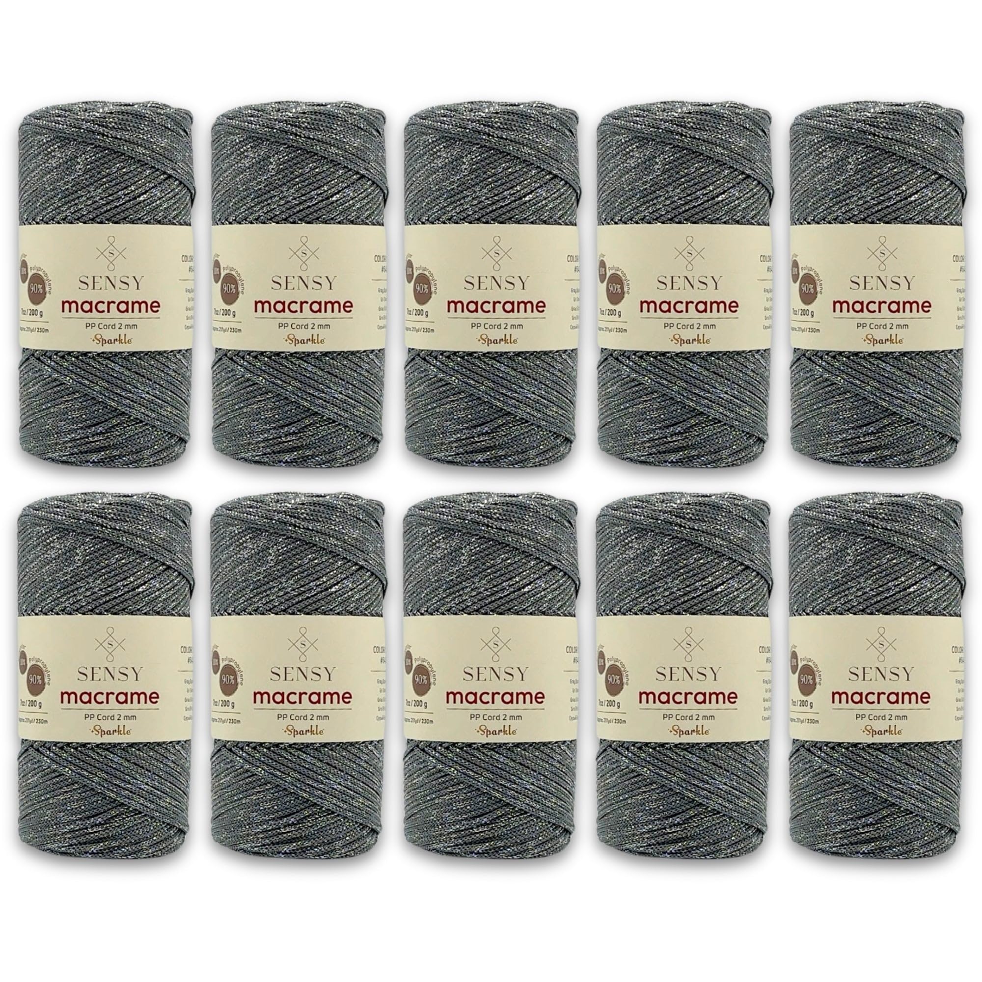 10 Skeins of Sensy Premium 2mm 251 Yards Sparkle Polyester Rope 90% Polypropylene 10% Polyester Cord Macrame Cord 2mm Crochet Bag Cord Macrame Rope Crochet Thread for Knitter (Gray Sparkle)