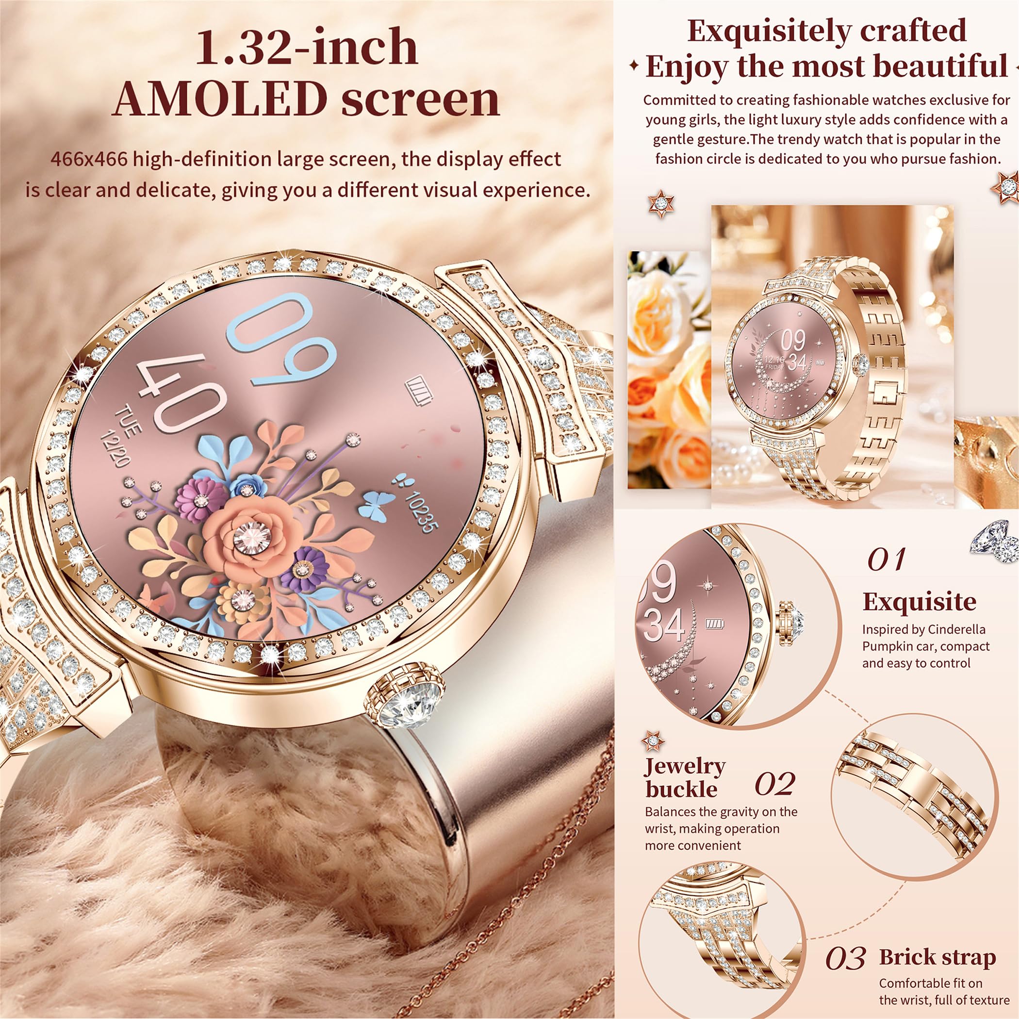 Montre intelligente pour femme avec appels Bluetooth, écran tactile AMOLED de 1,32 pouces, 5 ATM, montre de fitness avec mesure de la pression artérielle SpO2, fréquence cardiaque, podomètre
