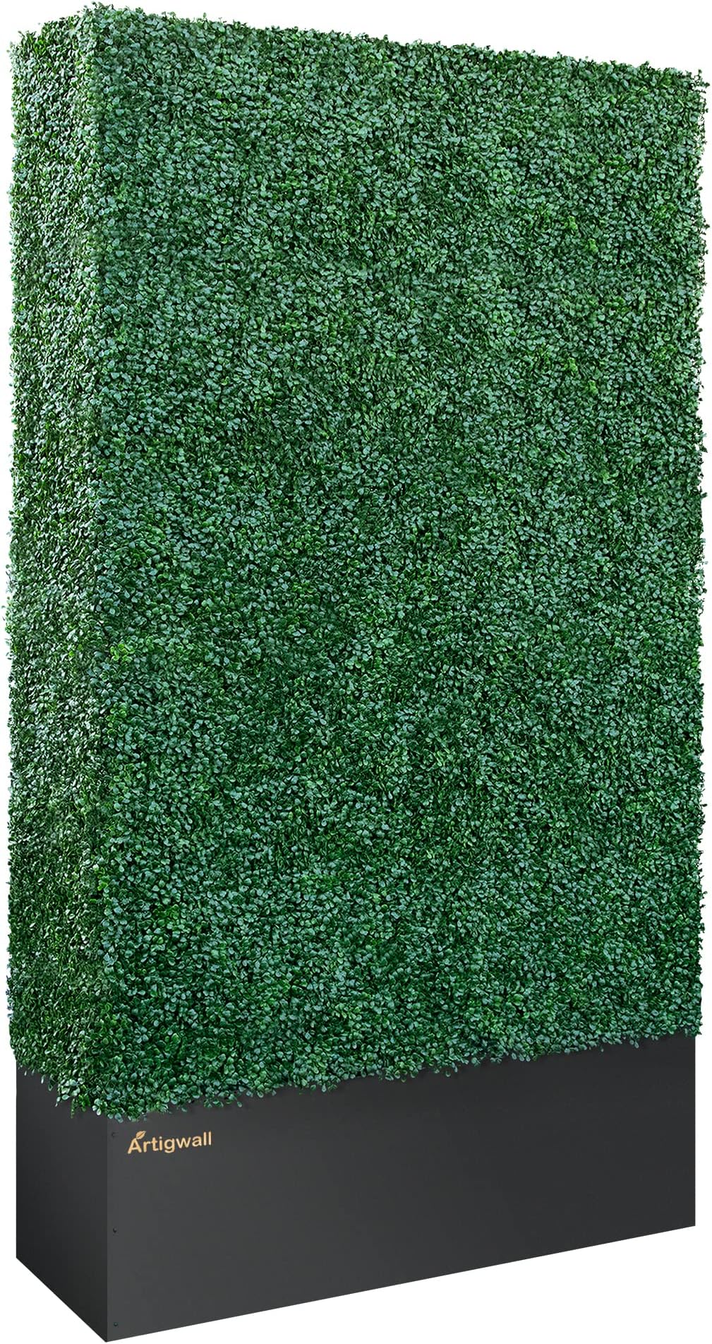 Artificial Boxwood Hedge Divider Fence Wall with Black 201 Stainless Steel Planter Box (48" W X96 H X14 D)