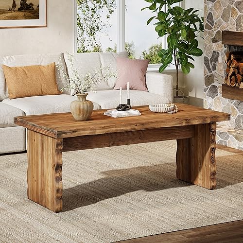 47 Inches Solid Wood Coffee Table, Farmhouse Rectangular Center Table with Natural Wave Edge, Low Cocktail Tea Tables for Living Room