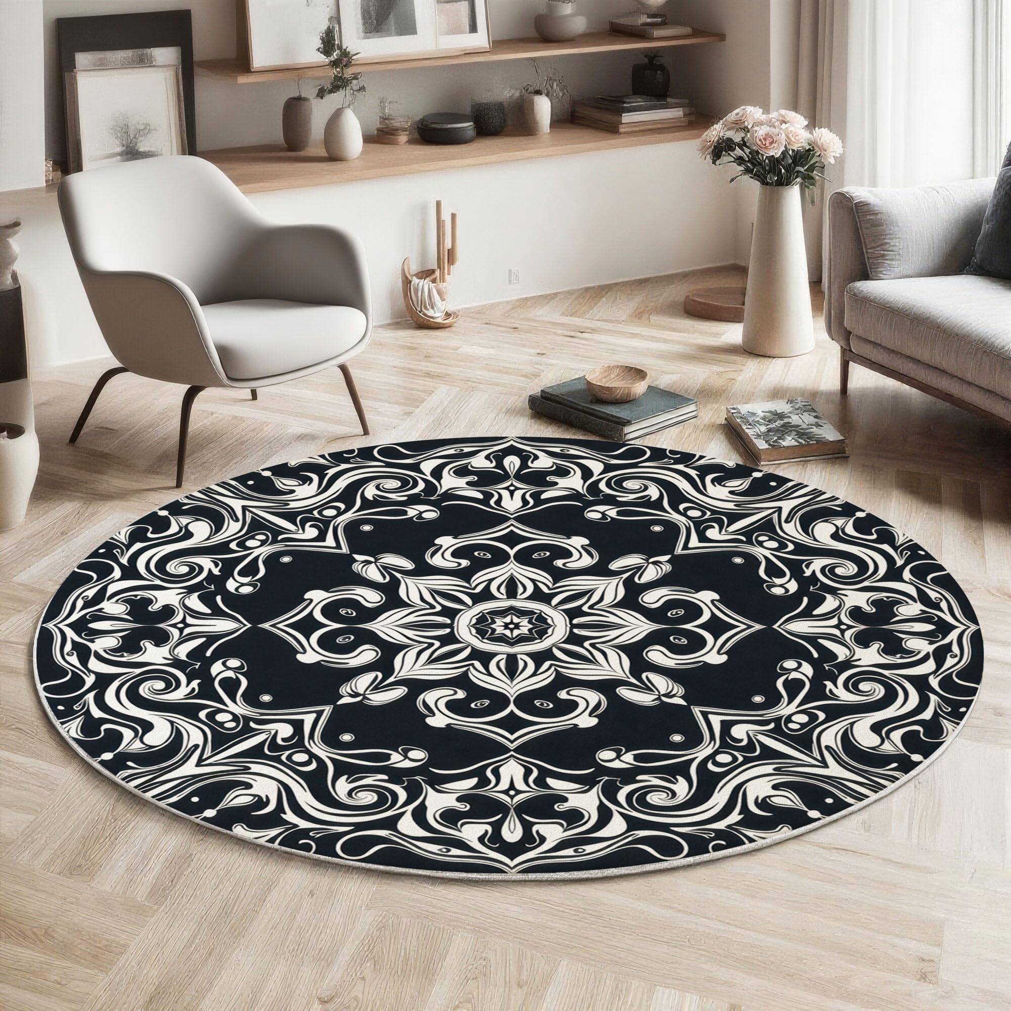 Paisley-Muster Kurzflor Teppich Rund 120cm Weicher Runder Teppich Mandala-Blumen Waschbar & Rutschfester Teppiche für Schlafzimmer, Gastzimmer, Esszimmer, Schwarz