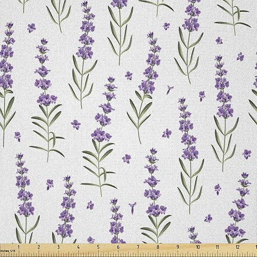 Lunarable The Yard, tela de lavanda de The Yard, patrón de naturaleza, ramas delicadas, plantas orgánicas frescas, estampado de hierbas, tela de