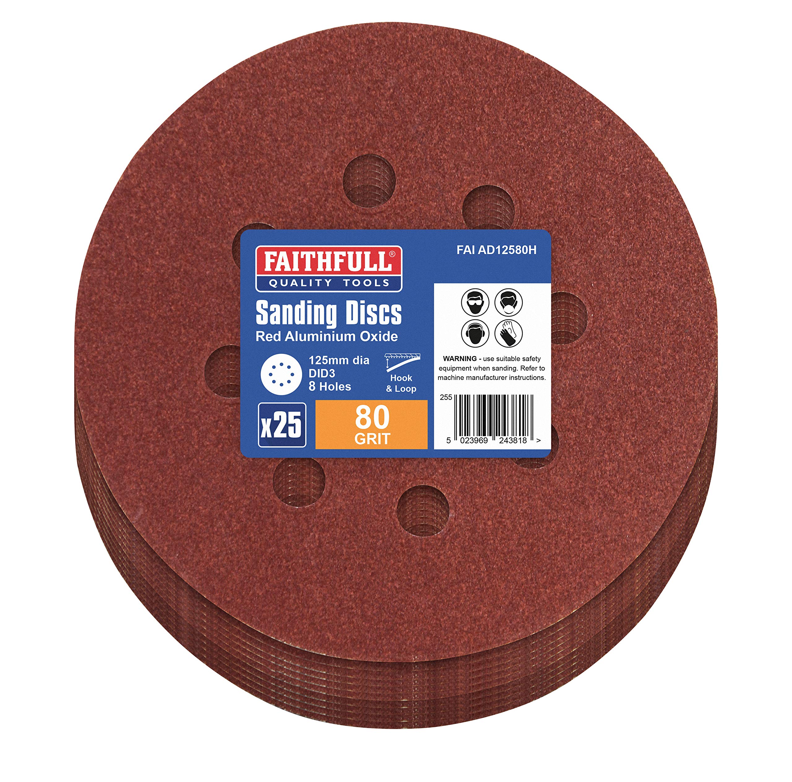 Faithfull Hook & Loop Sanding Disc Did3 Holed 125Mm X 80G (Pack 25)