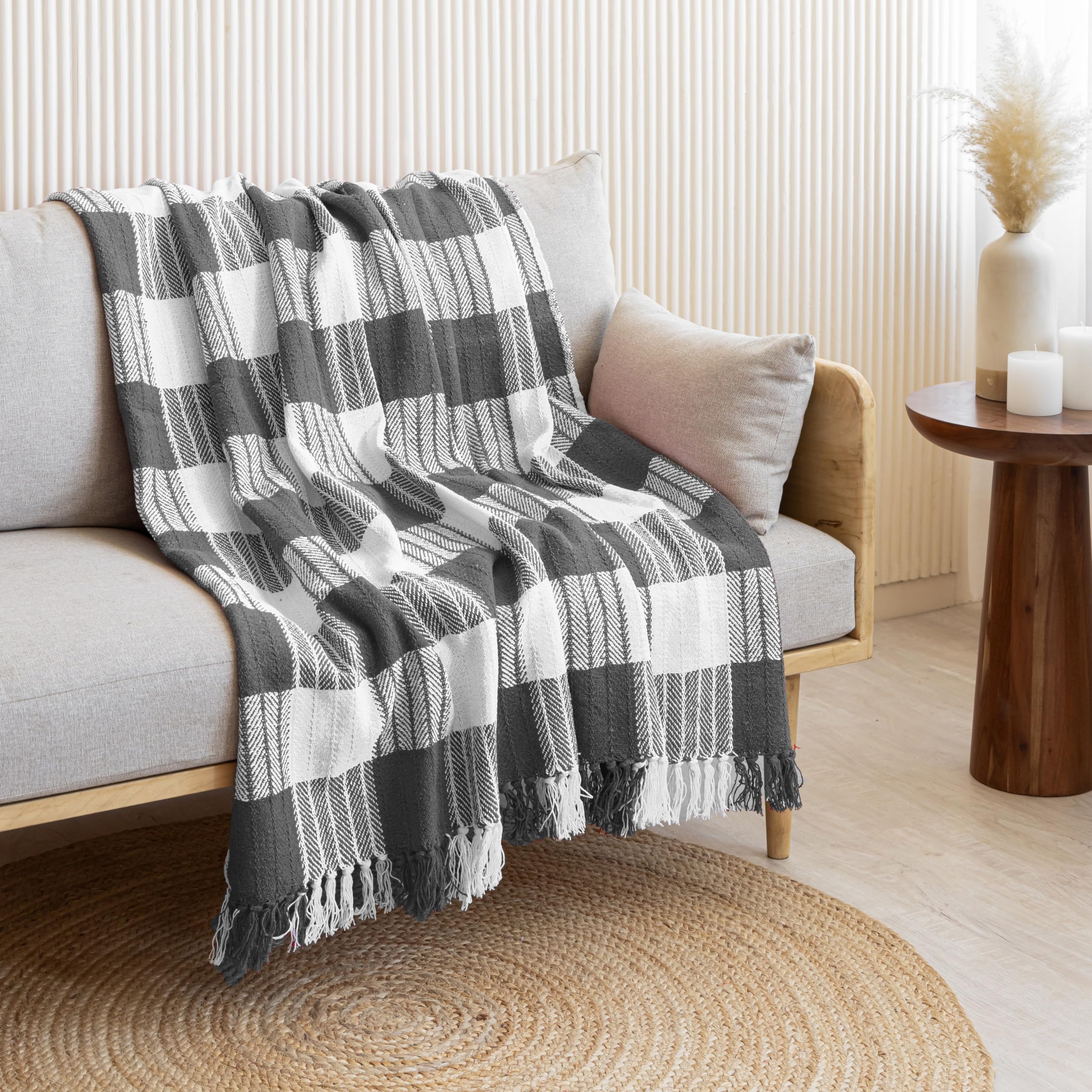 - HOMEMONDE Cotton Reversible Throw Blanket with Tassels Checks Design Lightweight Boho Throws AC Blanket for Living Room, Bedroom - (50 x 60 Inches, Grey)| TC - 200