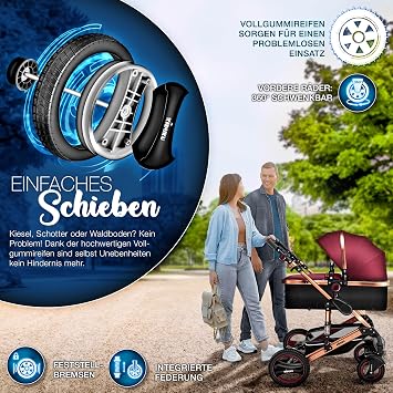 KIDUKU ® 3 in 1 stroller XXL complete set combi stroller set incl. Baby tub buggy sports seat & car baby seat footmuff Whole rubber tires diaper hand warmer rain protection children's table ECE R129