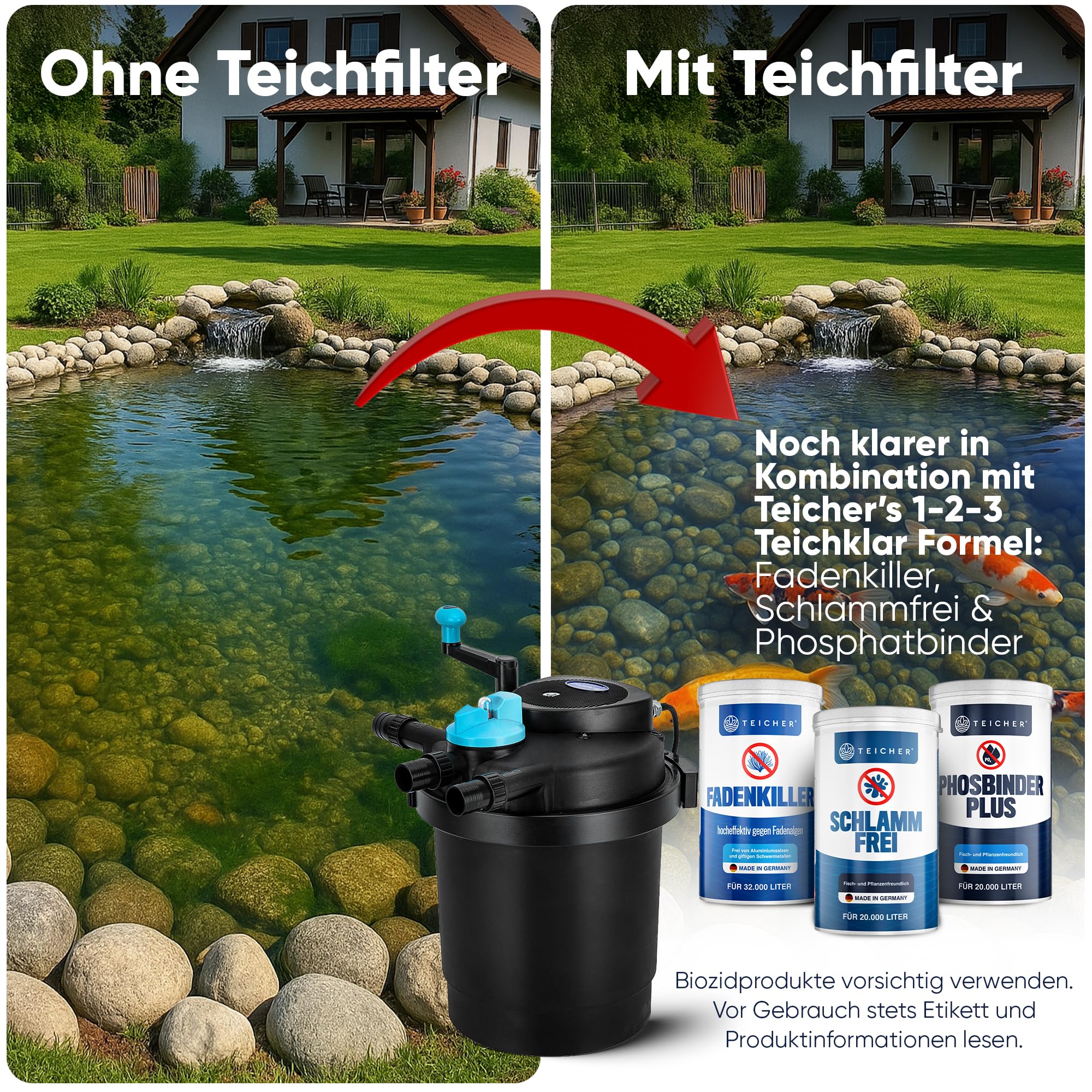 Teicher Teichdruckfilter mit UV Lampe 11 W UVC Klärer Teich Filteranlage Druckfilter 6000 l/h
