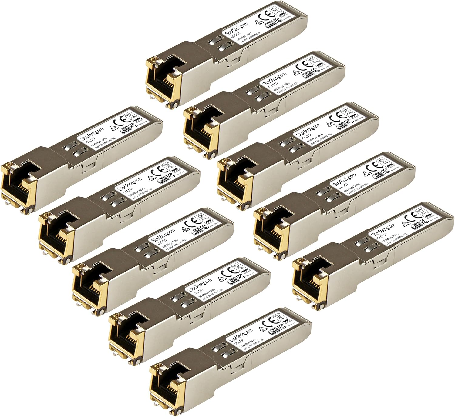 StarTech.com Cisco GLC-T Compatible SFP Module (10 Pack) - 1000BASE-T - SFP to RJ45 Cat6/Cat5e - 1GE Gigabit Ethernet SFP - RJ-45 100m - Cisco Firepower, ASR920, IE2000 (GLCT10PKST),Silver