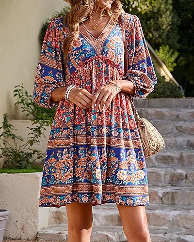 Miniatura 4 de BTFBM Vestidos casuales de primavera y verano para mujer, cuello en V, manga larga 34, con volantes, floral, estilo bohemio, mini vestido de playa