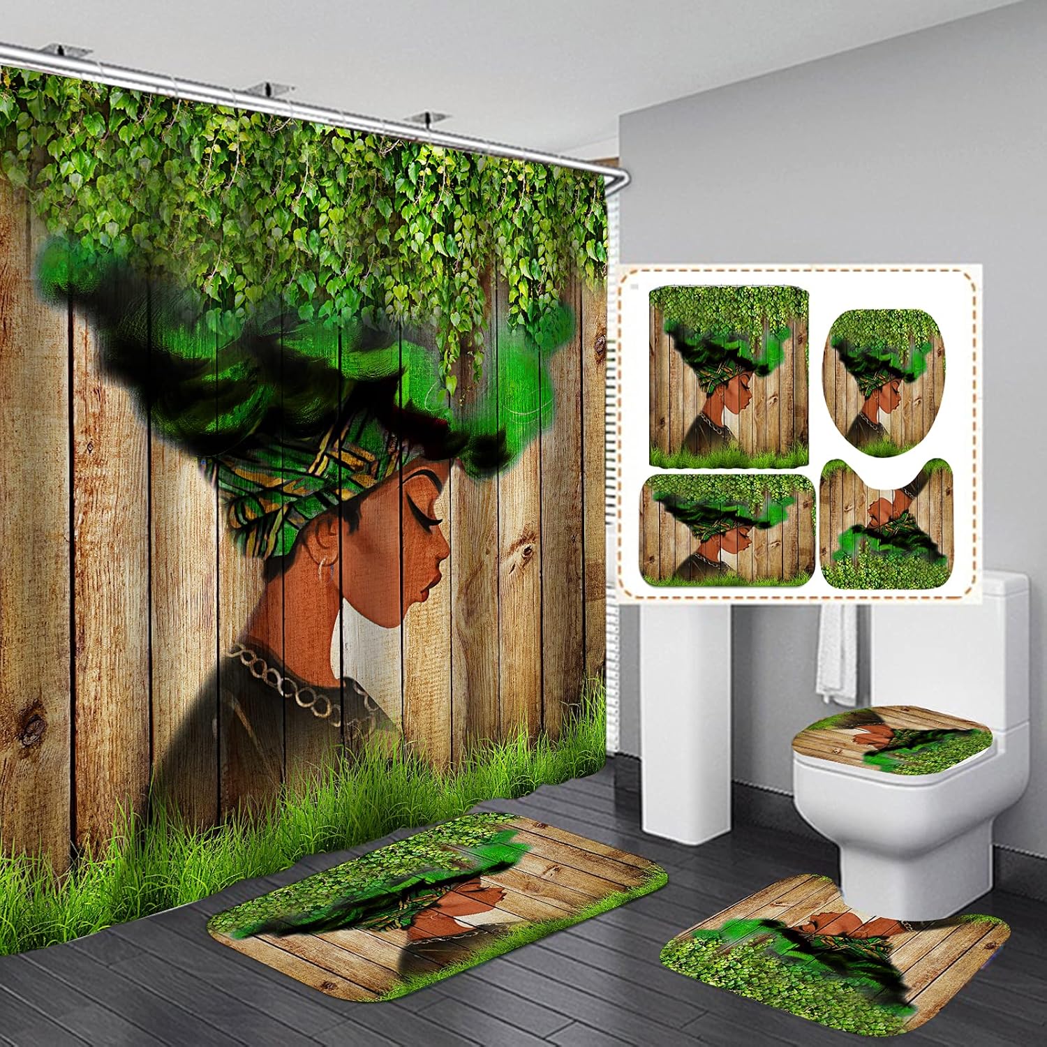 4PCS African American Green Leaves Vine Shower Curtain Sets with Non-Slip Rugs,Toilet Pad Cover,Bath Mat and 12 Hooks,Afro Girl Waterproof Bath Curtain Black Art Bathroom Decor,Green Leaves Girl