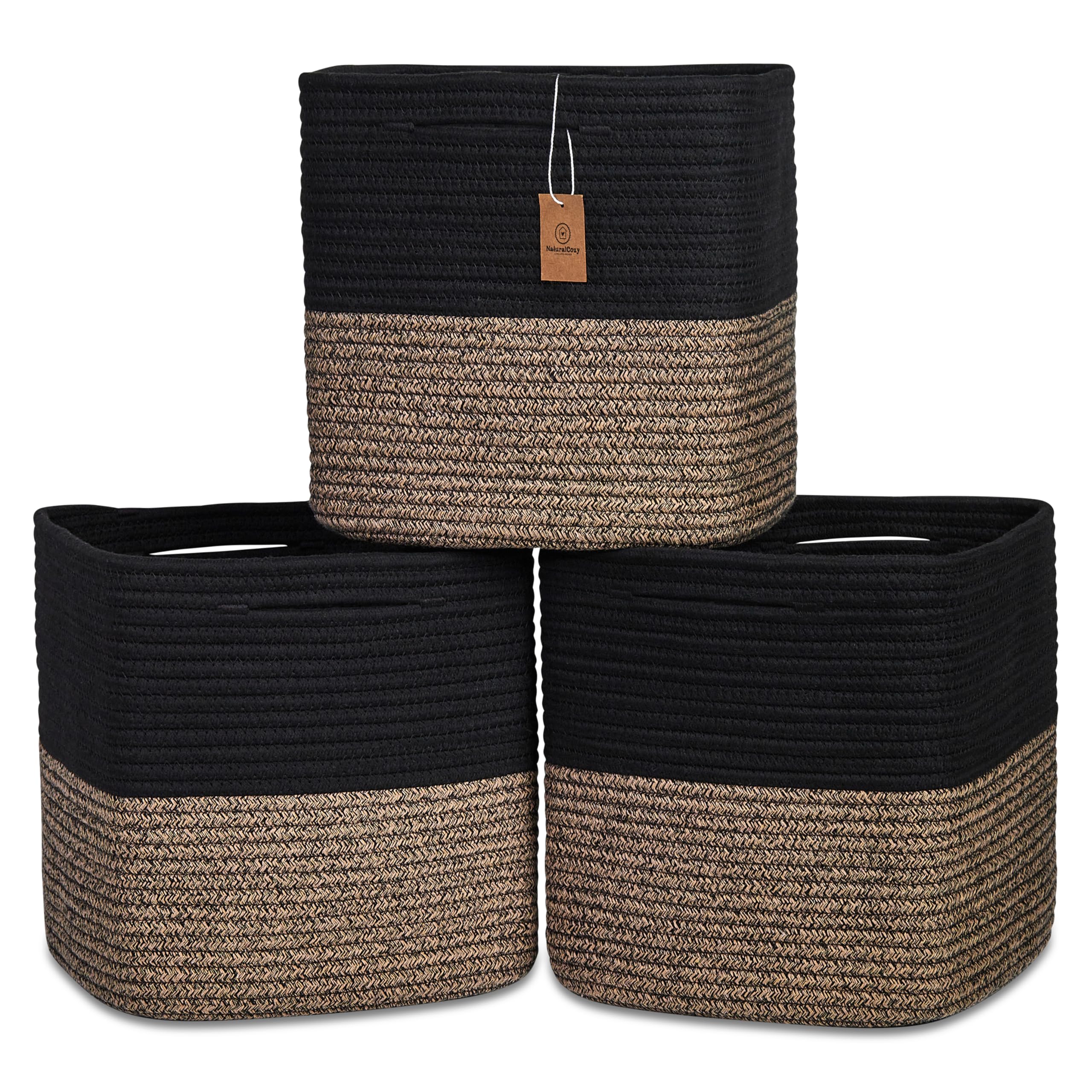 NaturalCozy 13 Inch Cube Storage Bins Cotton Rope Woven Baskets for Organizing 3-Pack | 13 x 13 Storage Cubes | Fabric Square Storage Baskets for Shelves Organizer, Kids Toy Bins, Closet Baby Nursery