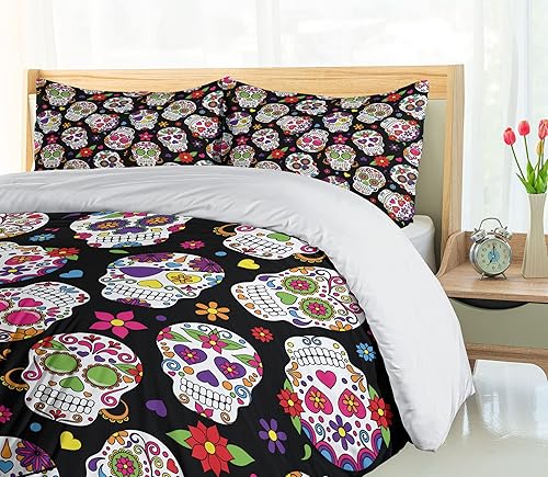 Miniatura 4 de Ambesonne Juego de funda de edredón de calavera de azúcar, diseño de cementerio mexicano sobre fondo negro, juego de ropa de cama decorativo de 2