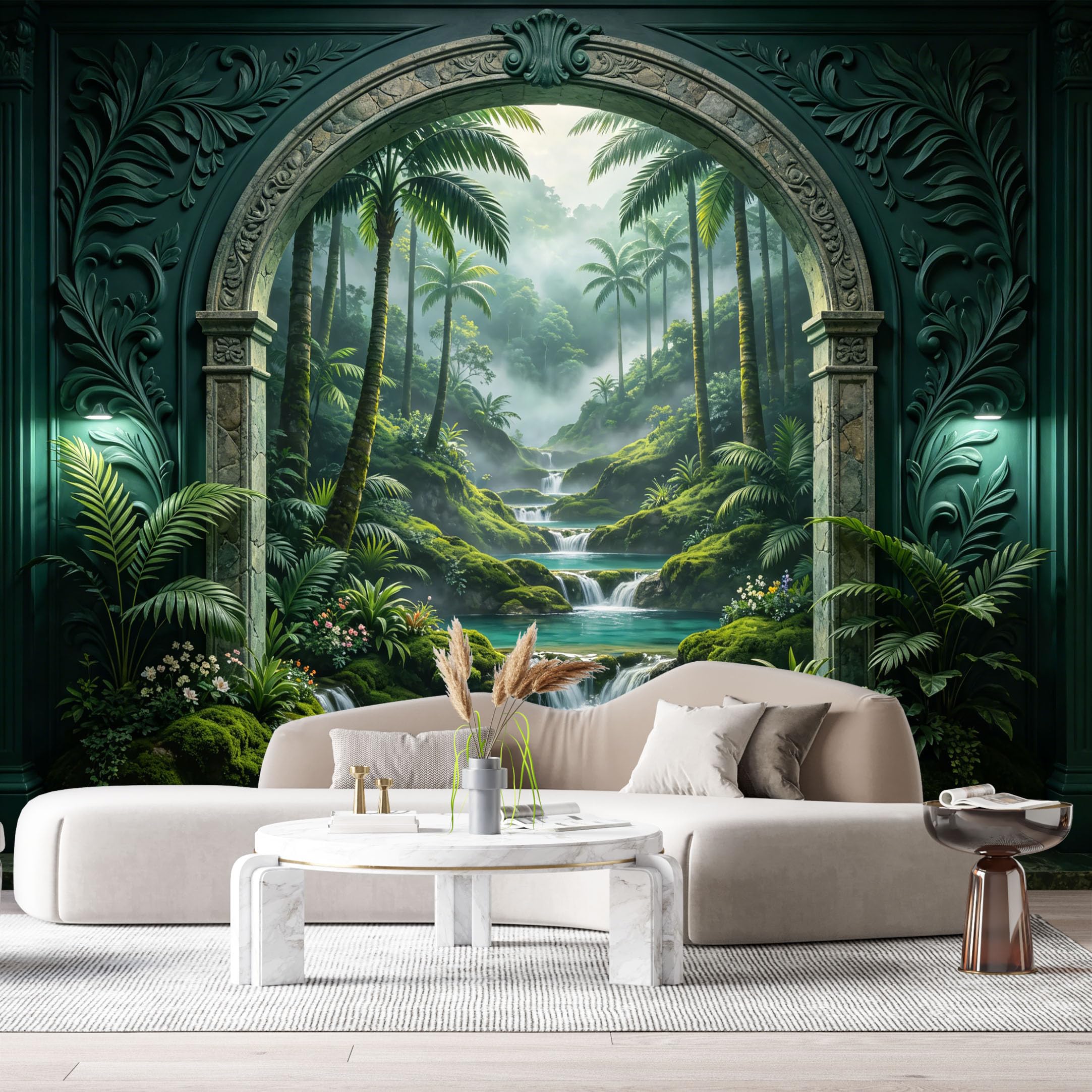 Custom Size Wall Murals Tropical Waterfall Archway Landscape 3D Trompe L'Oeil SelfAdhesiveWall Fabric Removable Wallpaper Wall Decor for Living Room Bedroom Bathroom
