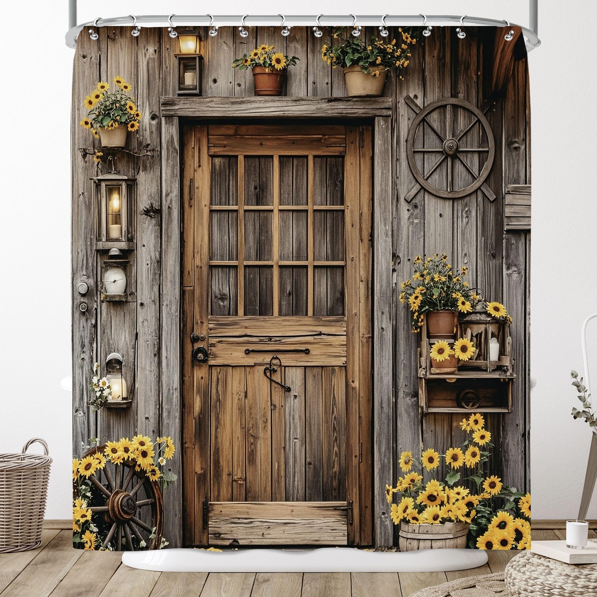 Pakena Wooden Barn Door Shower Curtain, Rustic Farmhouse Sunflower Shower Curtains for Bathroom, Retro Western Cabin Bath Set Vintage Wheel Country