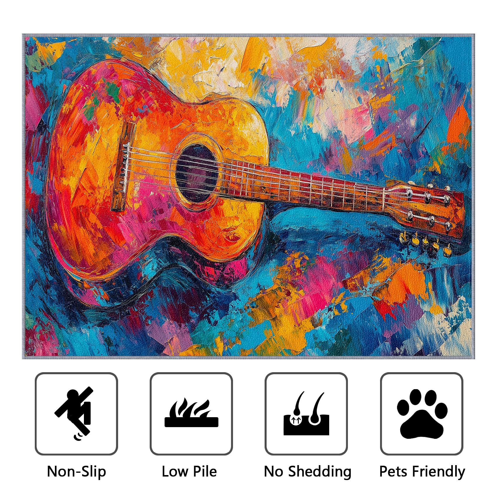 Gitarre Teppich 140x200 cm, Bunt Musik ölgemälde Teppich Wohnzimmer, Musikalisch Abstrakt Kunst Kurzflor rutschfest Pflegeleicht Teppiche Für Jugendzimmer Schlafzimmer, Orange Blau Rosa
