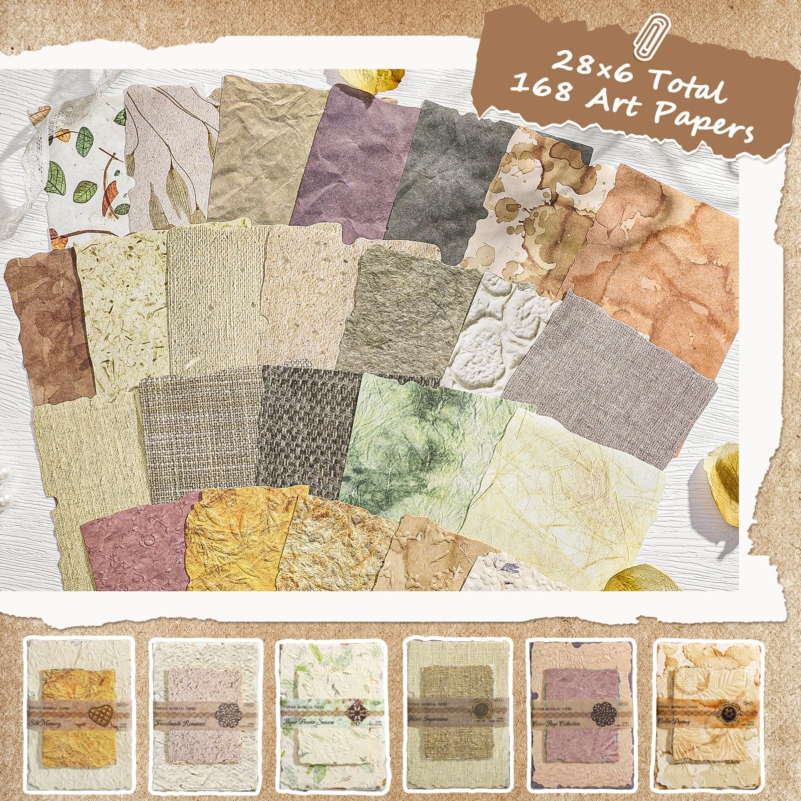 168 szt. teksturowany papier do scrapbookingu, 6 motywów, materiały do scrapbookingu, wytłaczane wzory, zestaw dekoracyjny do dzienników śmieci, tworzenia kart, kolaży, rzemiosła retro, 168 szt