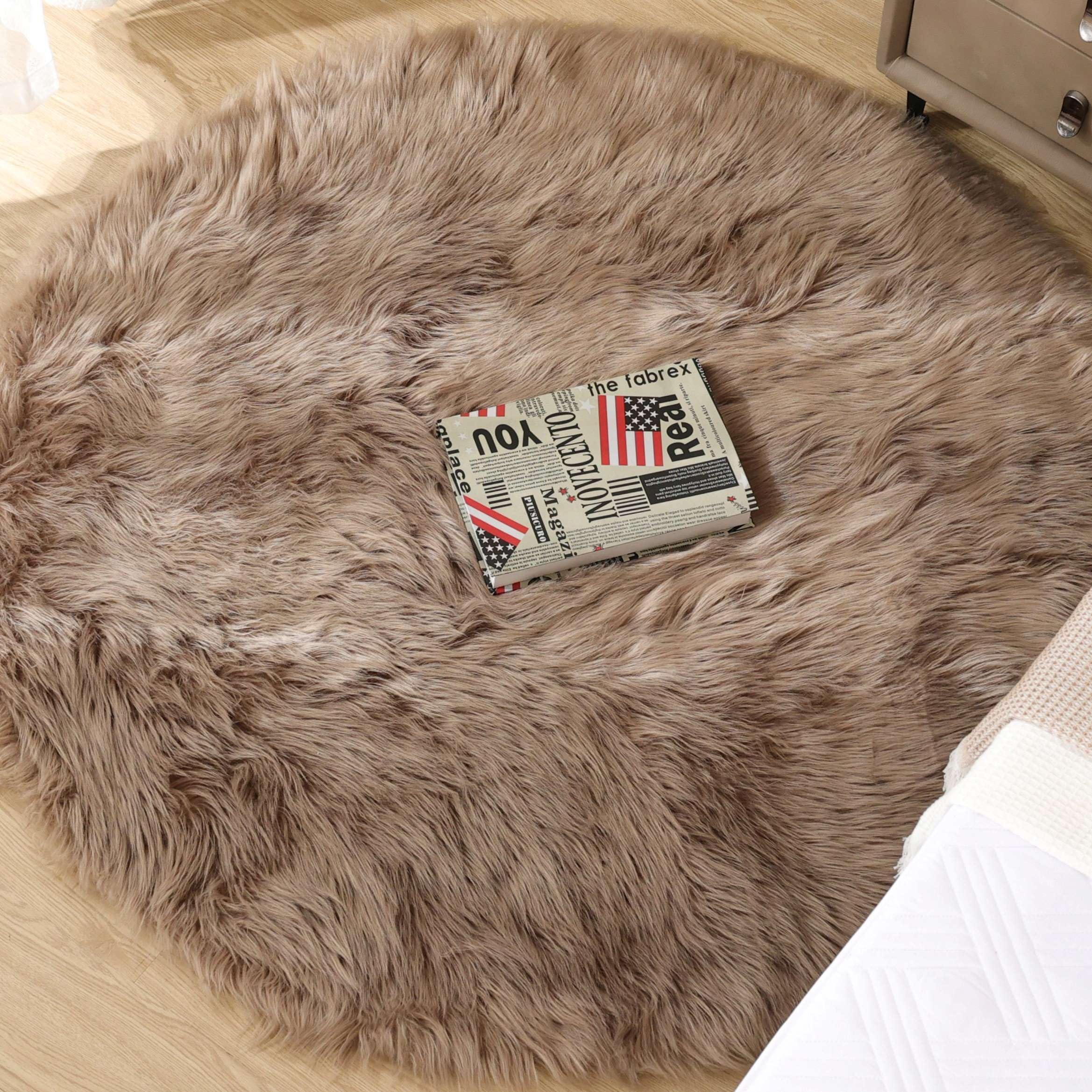 ORINOVA Teppich Runder Beige Flauschig Kunstfell 120 cm Fellteppich Weich Schlafzimmer Kuschelteppich Wohnzimmer Waschbar Bettvorleger