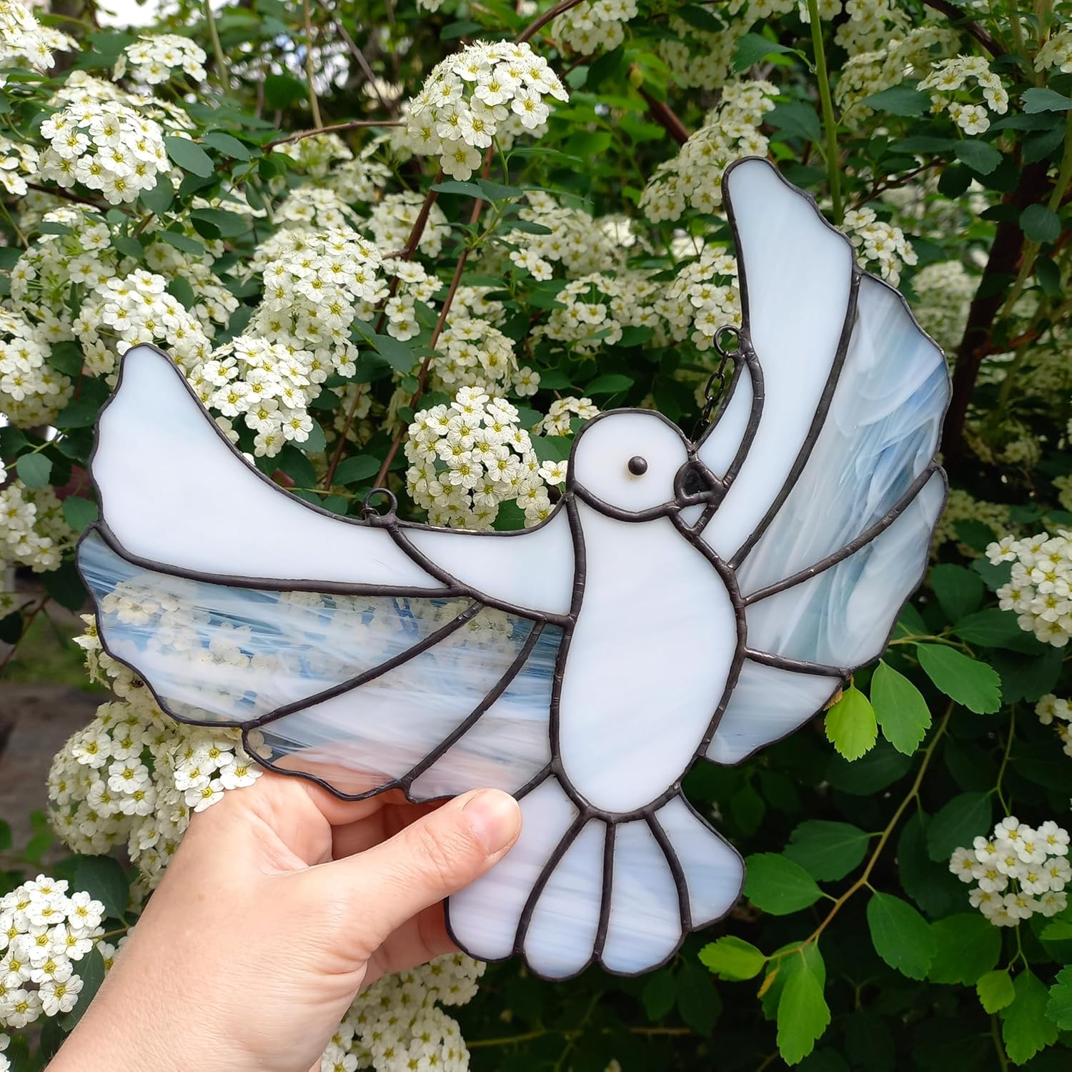 Stained Glass Dove Sun Catcher Window Hanging or Wall Decor, Handmade Flying White Bird Decoration, Handcrafted Decorative Peace Symbol Panel Home Office, Unique Housewarming Gift