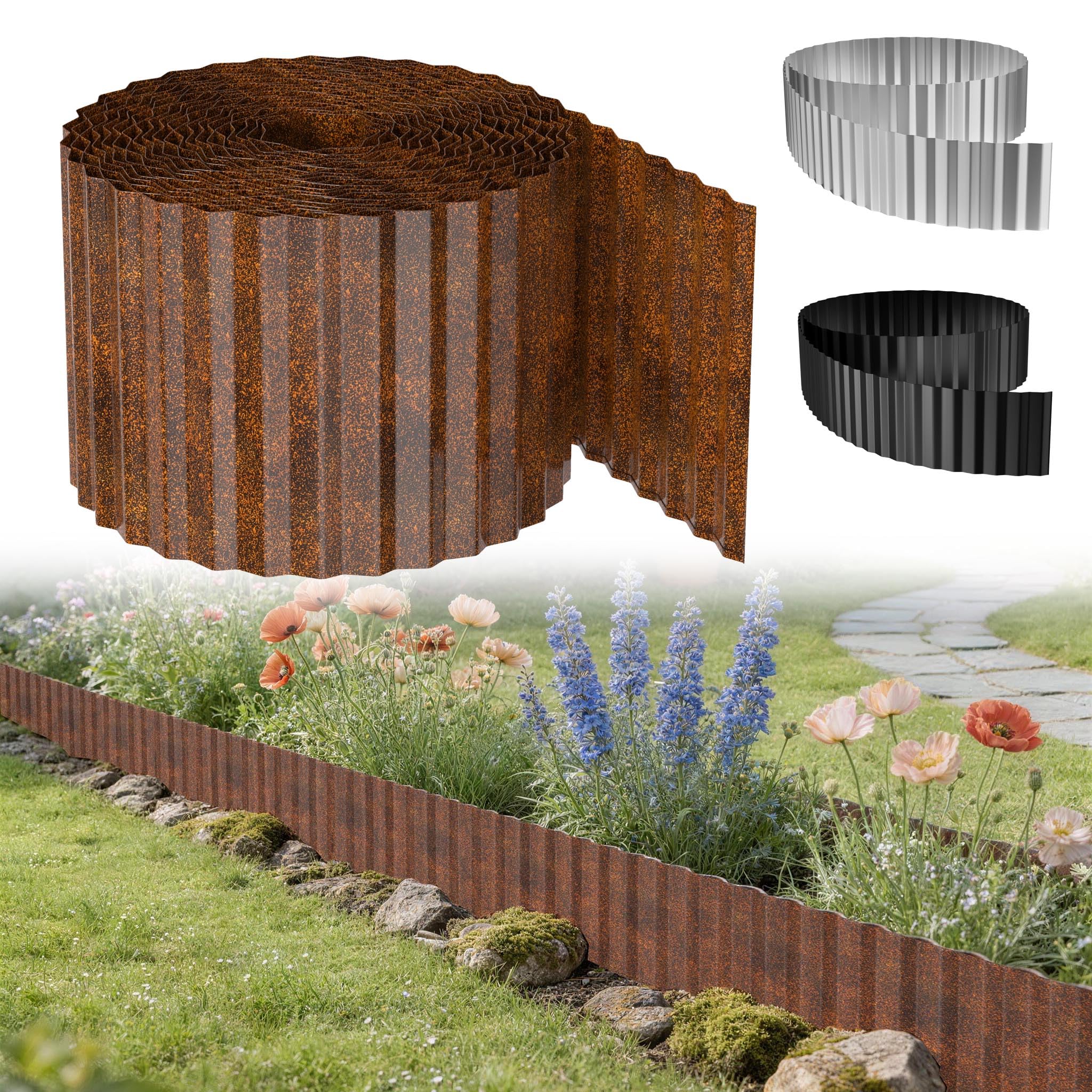 Yunvin Metal Edging Border, Garden Lawn Bed Border, Flexible Landscape Fence, Easy to Installation for Flowerbeds, Pathways, Yard, 10m x 15cm (LxH) Rust Color