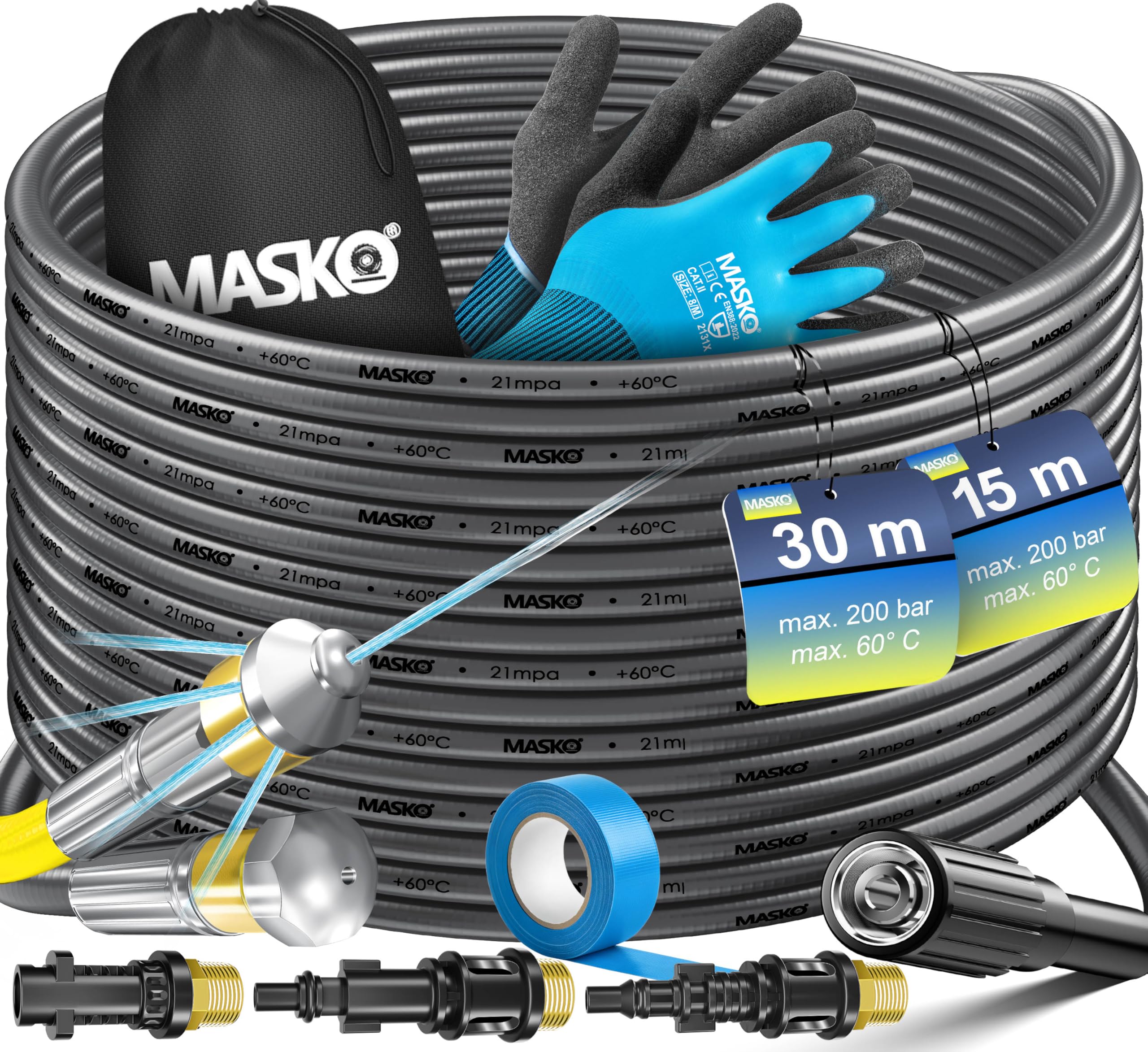 MASKO® Premium Rohrreinigungsschlauch Set Abflussreiniger 200 bar inkl. Tasche 3 Adapter 2 Düsen + rotierend kompatibel mit Kärcher k2-k7 LAVOR Hochdruckreiniger universal Rohrreinigungsset
