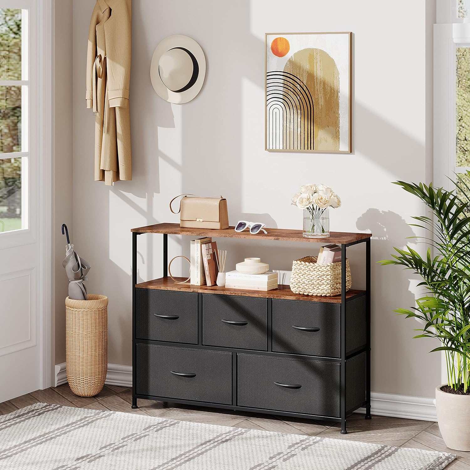  Dresser TV Stand, Center with Fabric Drawers Black