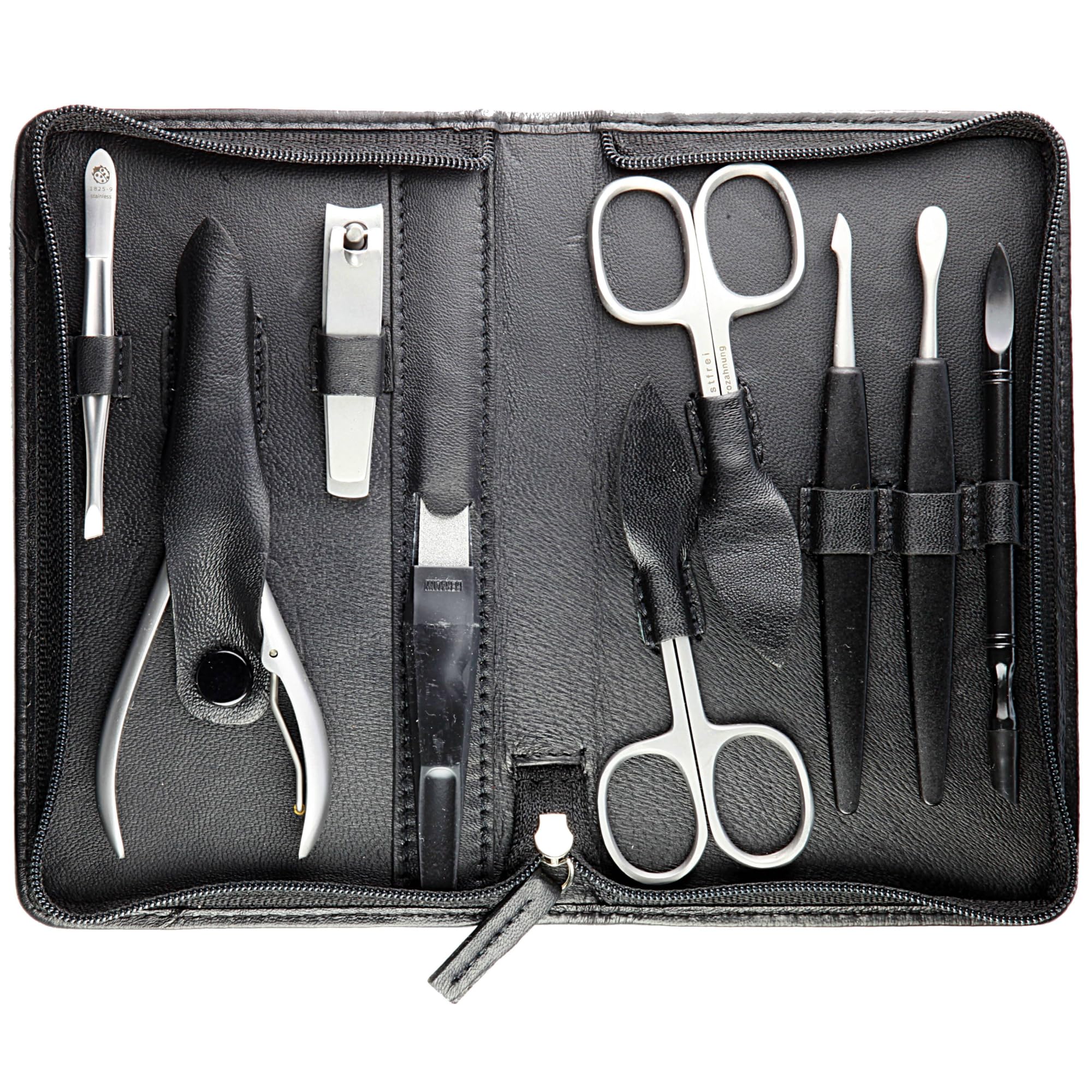 Hans Kniebes Maniküre Set 9-teilig Schwarz – Profi Nagelpflege & Pediküre Set aus Edelstahl – Nappa Leder Etui mit Reißverschluss – Nagelschere, Zangen & Knipser – Premium Manikürbesteck