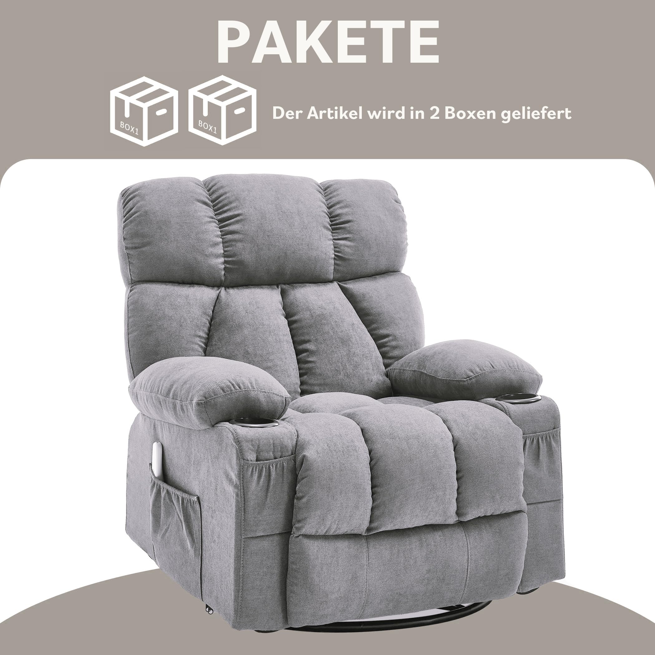 Bosmiller Elektrisch Relaxsessel mit Liegefunktion, Fernsehsessel mit Wärmefunktion, 2 Seitentaschen Getränkehalter, Aus Stoff TV-Sessel mit 360°-Drehung für Wohnzimmer,Grau